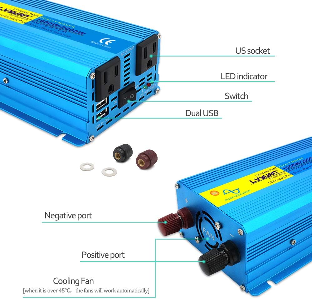 LVYUAN 1000W Pure Sine Wave Power Inverter 12V to 110V DC to AC Converter with Dual USB Ports and Dual AC Outlets for Car, RV, Truck, Home Solar System