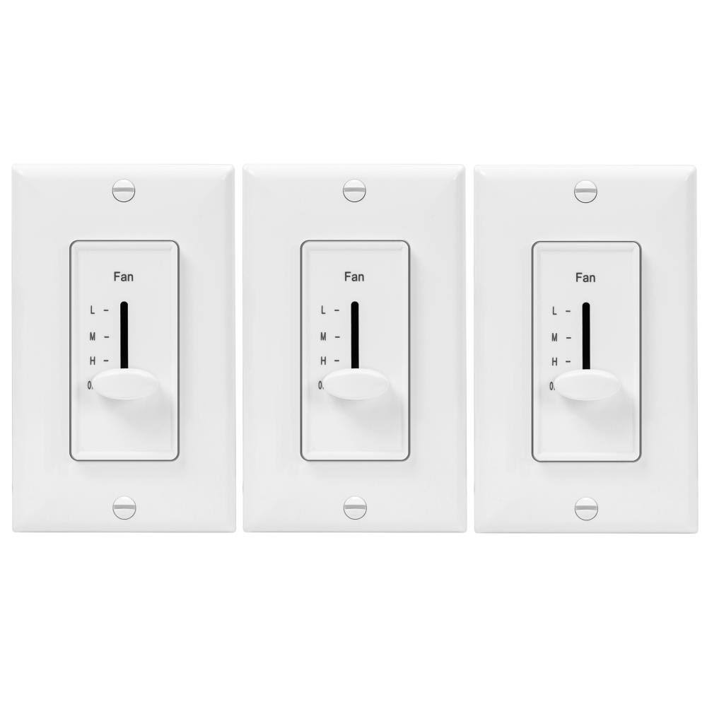 Enerlites 3 Speed in Wall Ceiling Fan Control, Slide Switch, 120VAC, 2.5A, Single-Pole, Neutral Wire Required, , White | 17000-F
