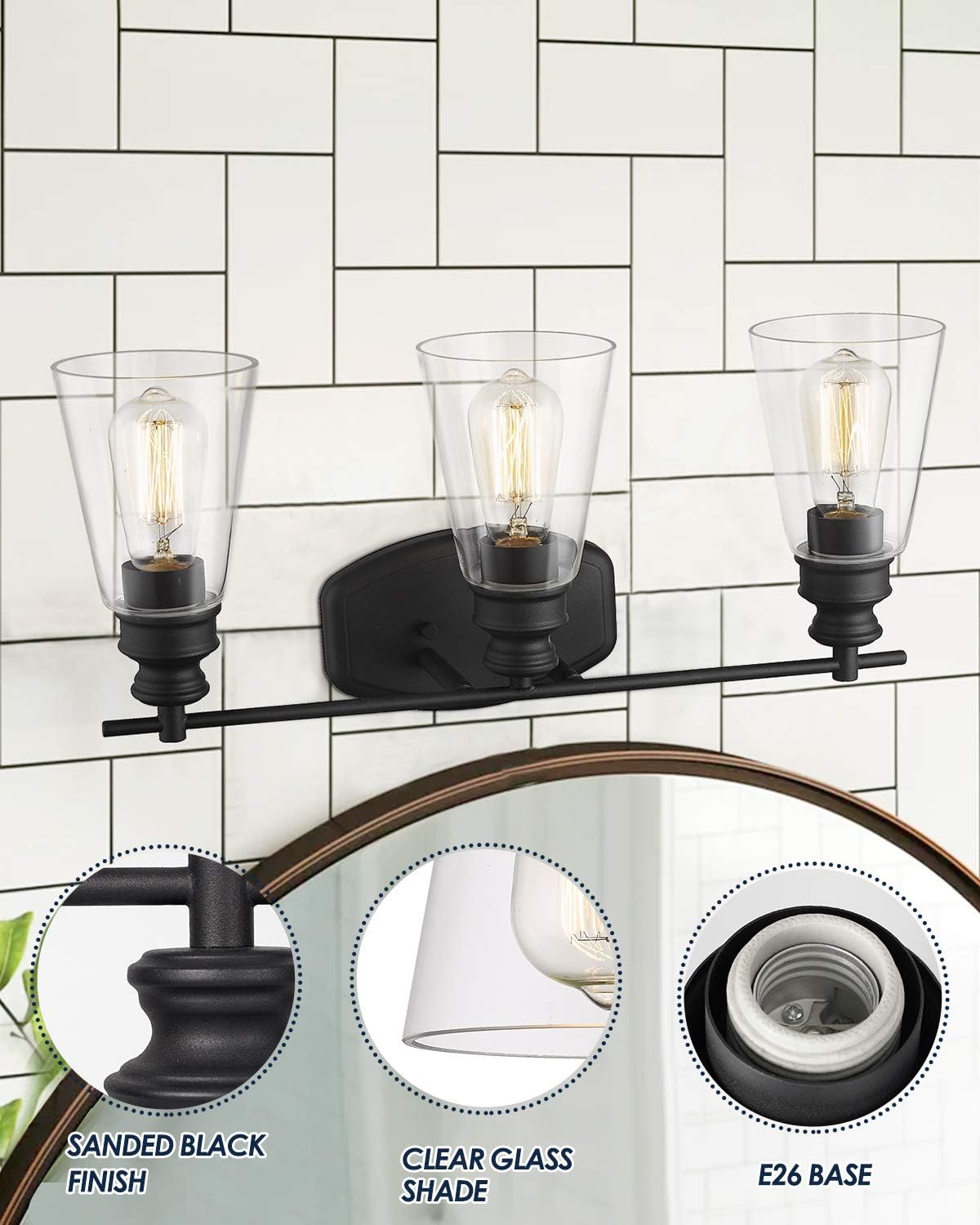 HANASS Bathroom Light Fixtures, 22.25 inch 3-Light Vanity Lights with Clear Glass Shade in Black Finish, MBA99987-3