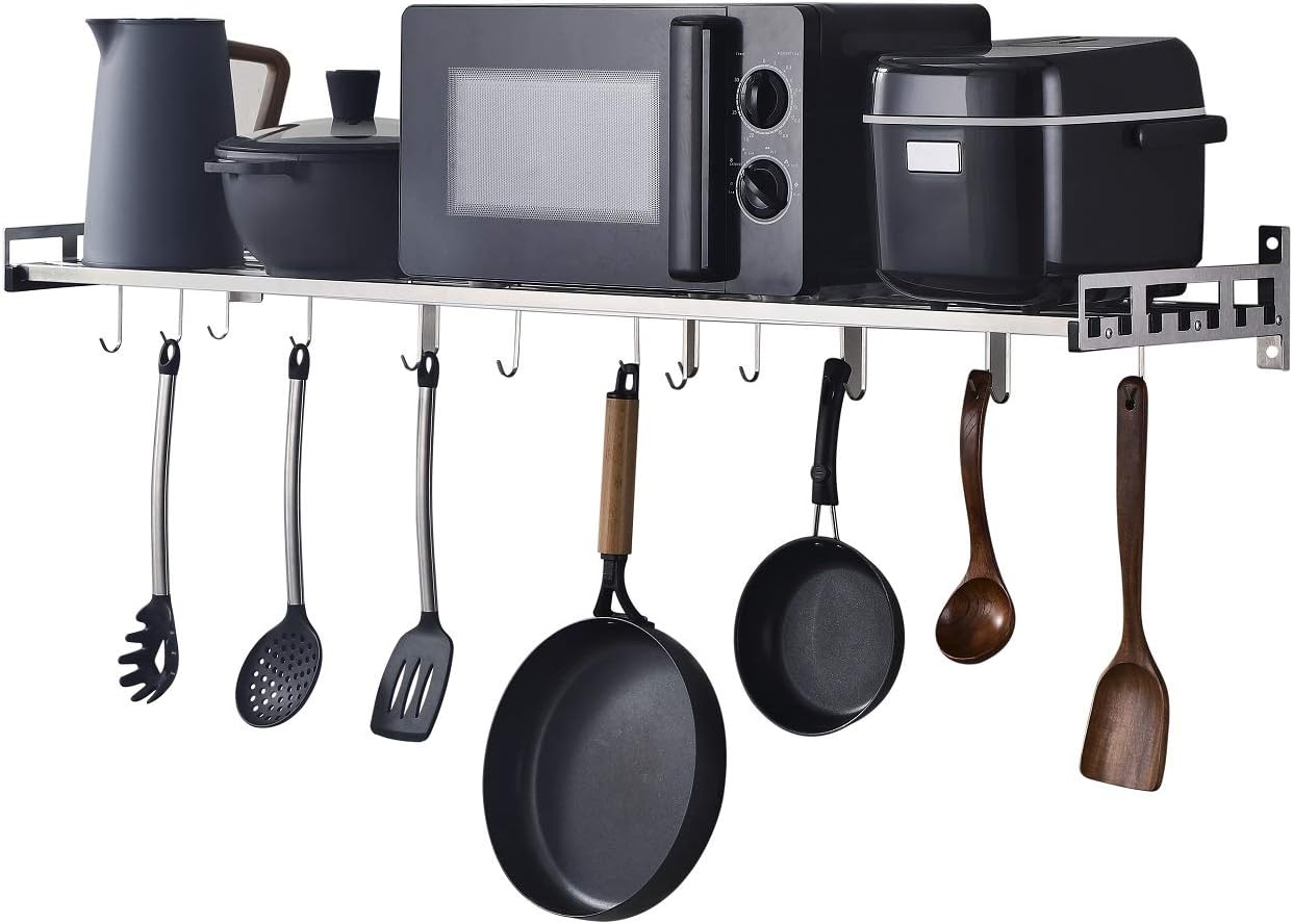 istBoom Wall Mounted Pots and Pans Rack with 16 Hooks, Stainless Steel Wall Shelf for Kitchen Bathroom Bedroom Pantry, Modern Slat Design (48