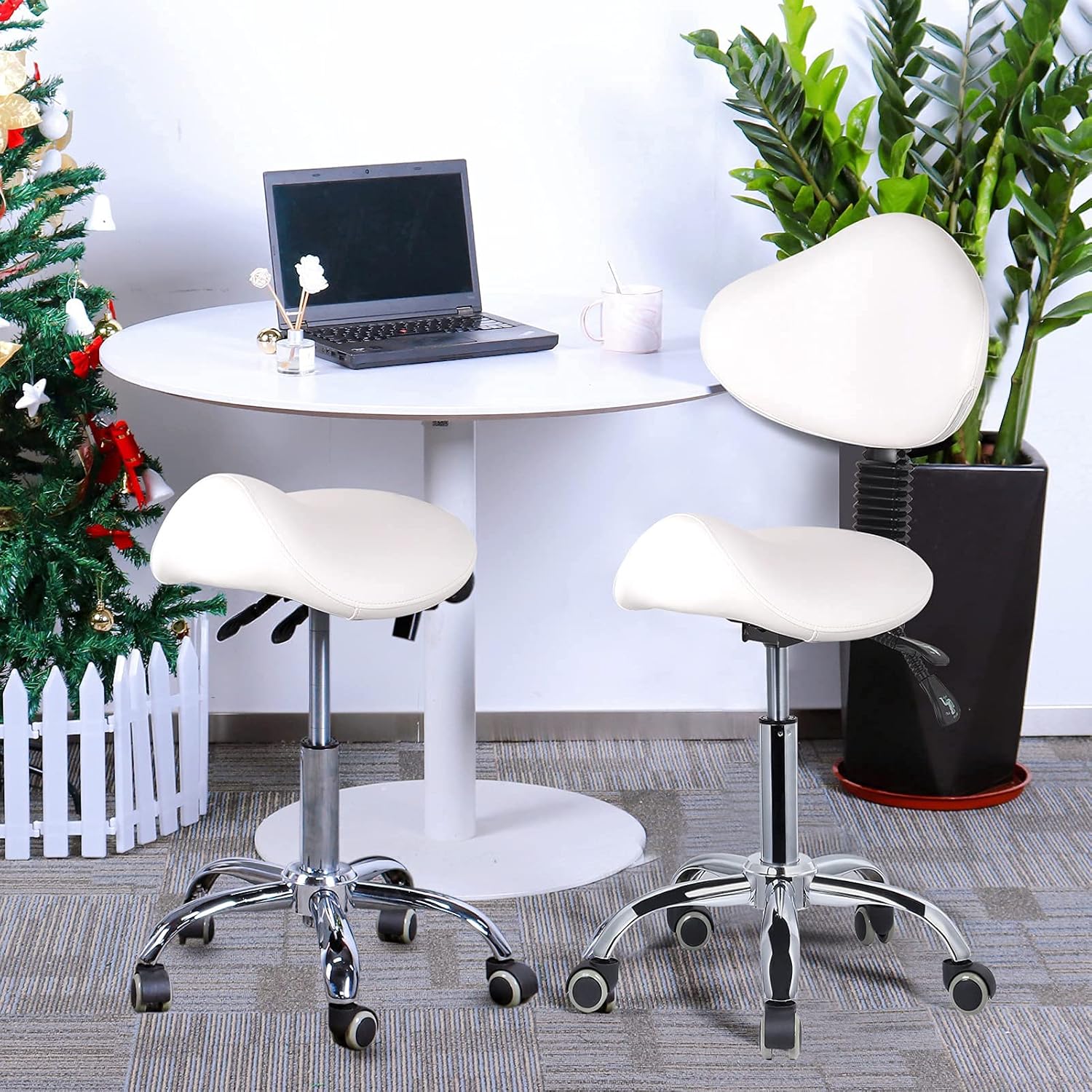 Height Adjustable Saddle Stool with Back Support, Ergonomic Hydraulic Swivel Rolling Chair with Removable Backrest for Beauty Salon Massage Dental Clinic Office, White