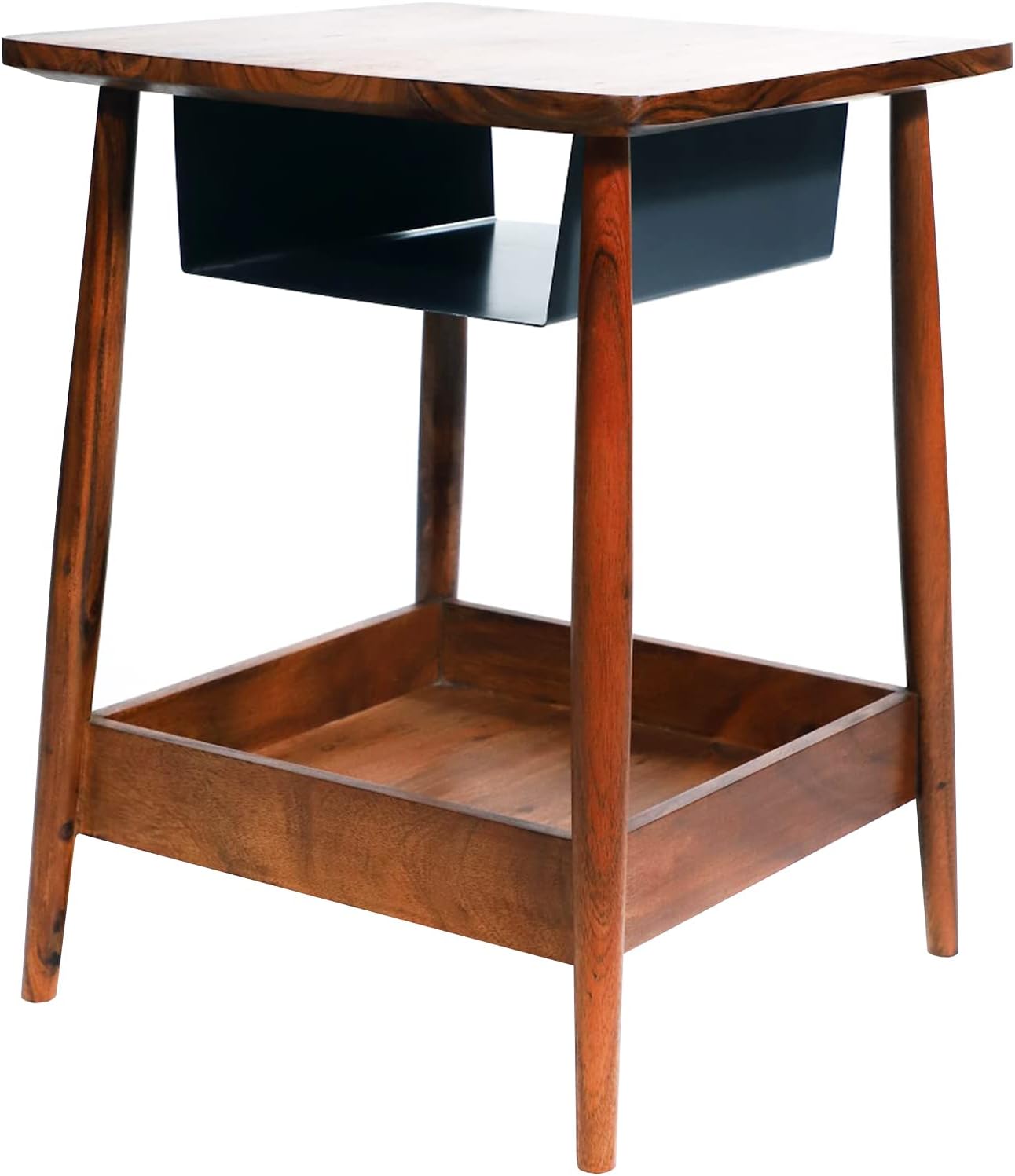 The Urban Port Solid Wood Accent Table with Metal Basket and Bottom Shelf, Brown and Black