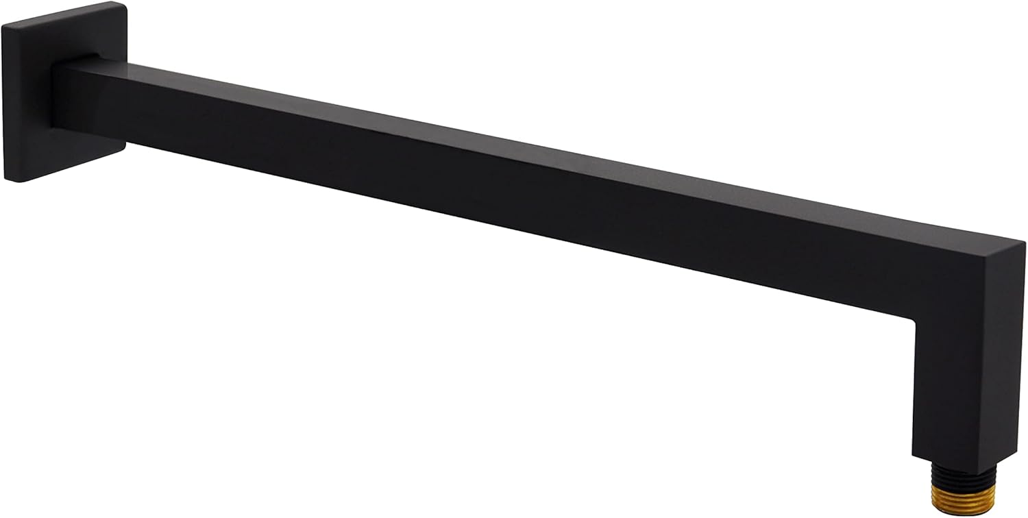 Aquaiaw Square Shower Arm and O-Ring Escutcheon, 16 inch, Solid Brass, Soldered 90 Degree, Both Soldered 1/2 NPT Tapered Threads, Matte Black, Wall Mount, Rainfall Shower Head Extension Arm and Flange