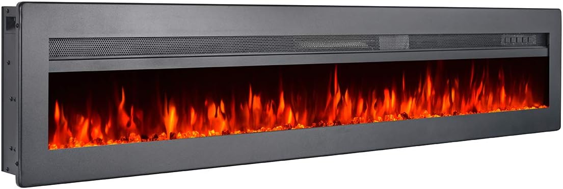 GMHome 60 Inches Wall Recessed Electric Fireplace 9 Changeable Color Realistic Crystal Stone Flame Heater, with Remote, 1500W, Metal Panel - Black
