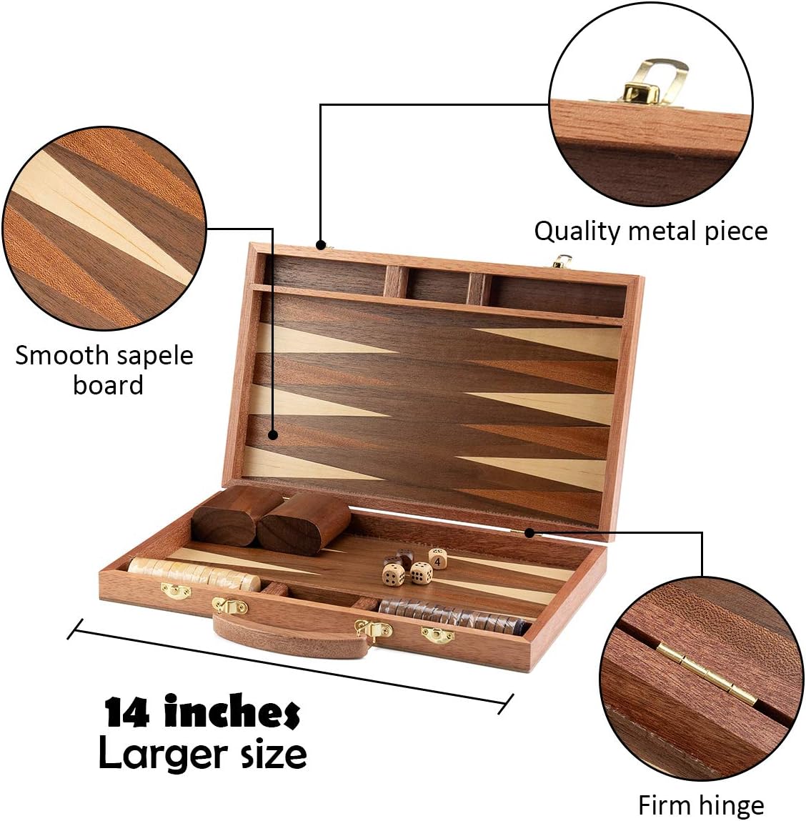 ropoda Sapele Wood Backgammon Board Game Set (15 Inches) for Adults and Kids - Classic Board Strategy Game - Portable and Travel Backgammon Set with Wooden Playing Pieces and Accessories