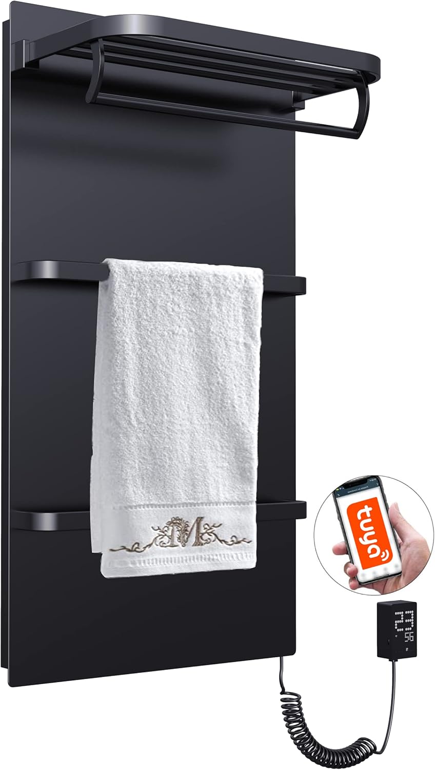 Sylintech 2 in 1 Towel Warmer & Wall Heater with Timer Graphene Infrared Panel Heated Towel Rack 875W High Power with Shelf Tuya App Support Temperature Adjustable with Display, Black