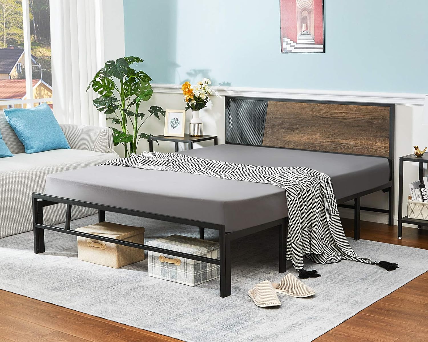 Alecono Heavy Duty Twin Metal Bed Frame with Wood Headboard, Non-Slip Sturdy Steel Bed Platform Mattress Foundation No Box Spring Needed, Black