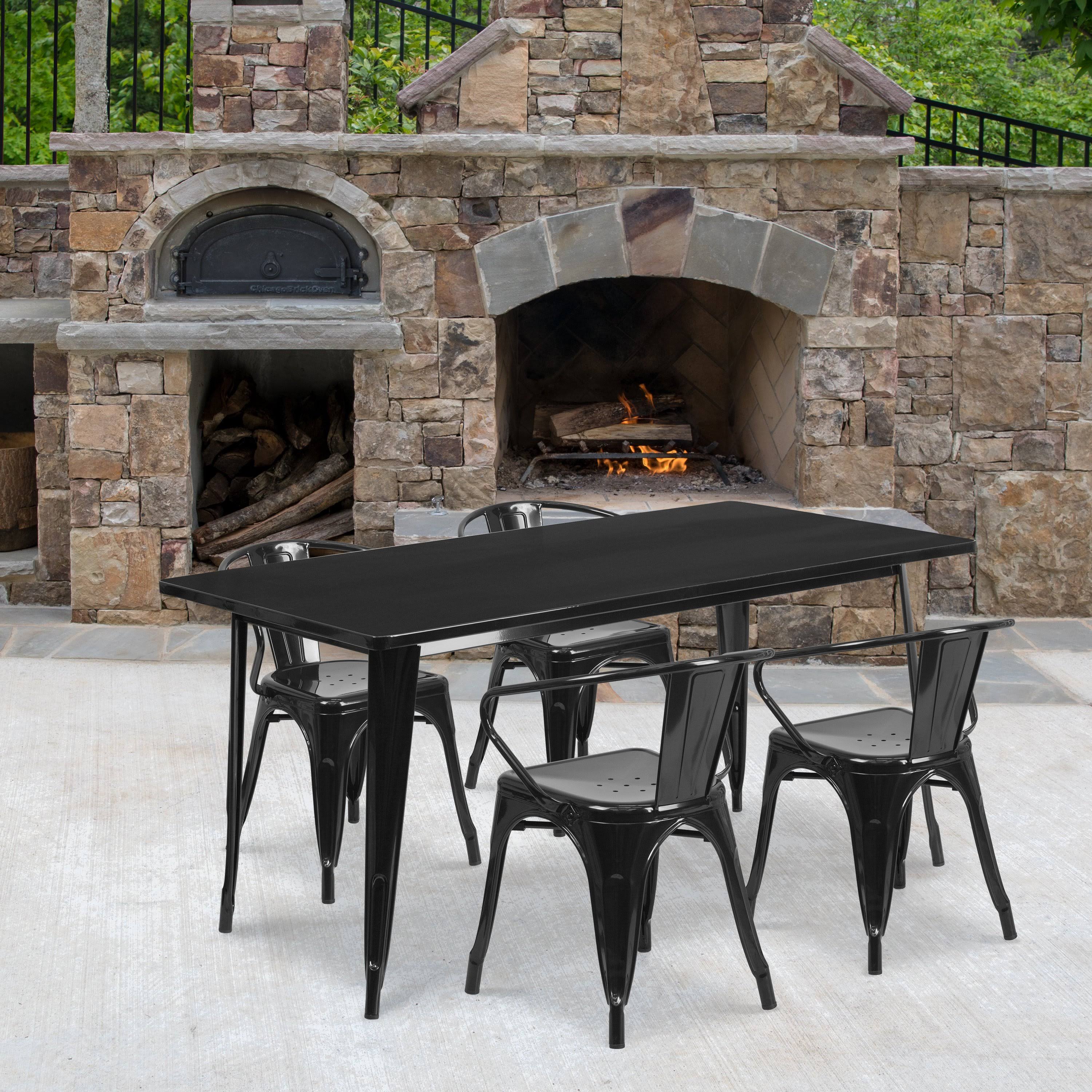 Flash Furniture Rectangular Black Metal Indoor Outdoor Table Set with 4 Arm Chairs