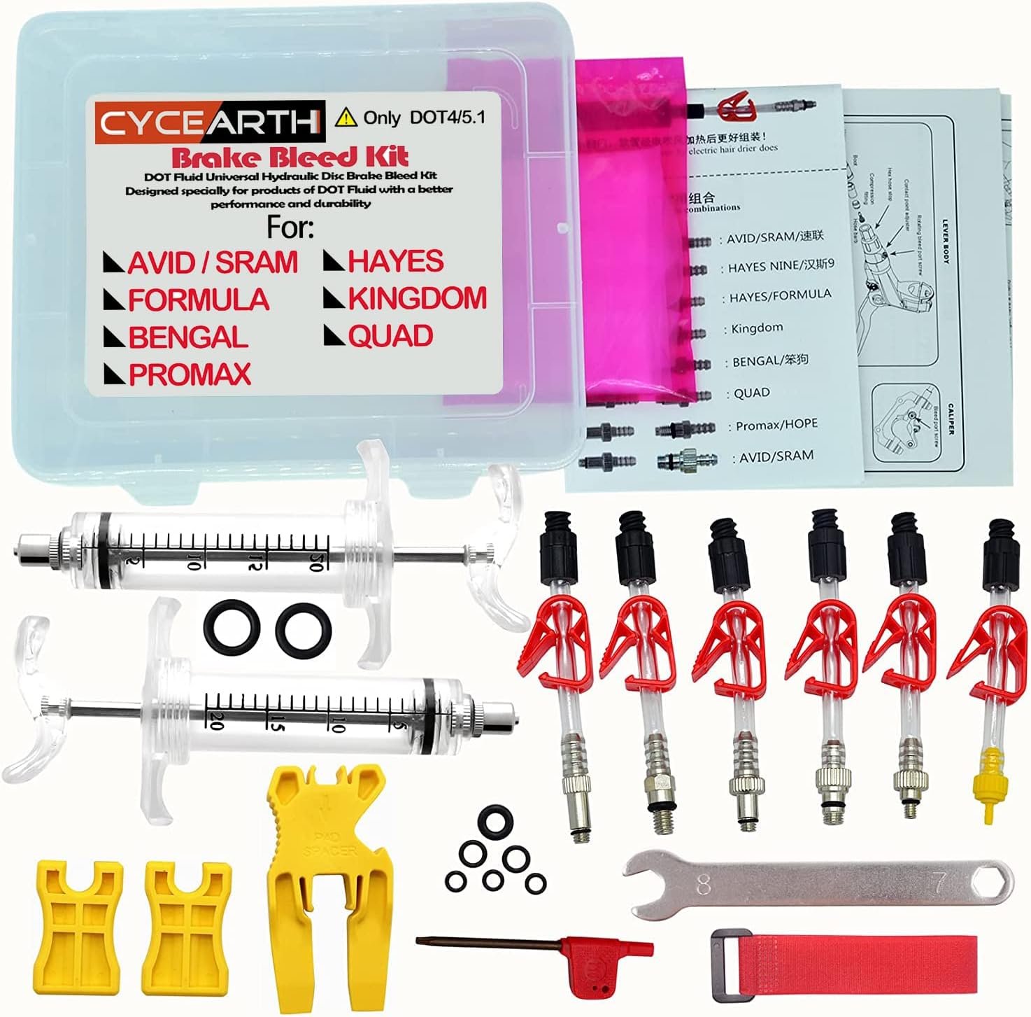 CYCEARTH Bicycle Brake DOT Oil Bleed Kit for Avid Sram Code5 Code R Juicy Ultimate Elixir Formula Hayes Bngal Hope Quad Hydraulic Disc Tools Pack of 2