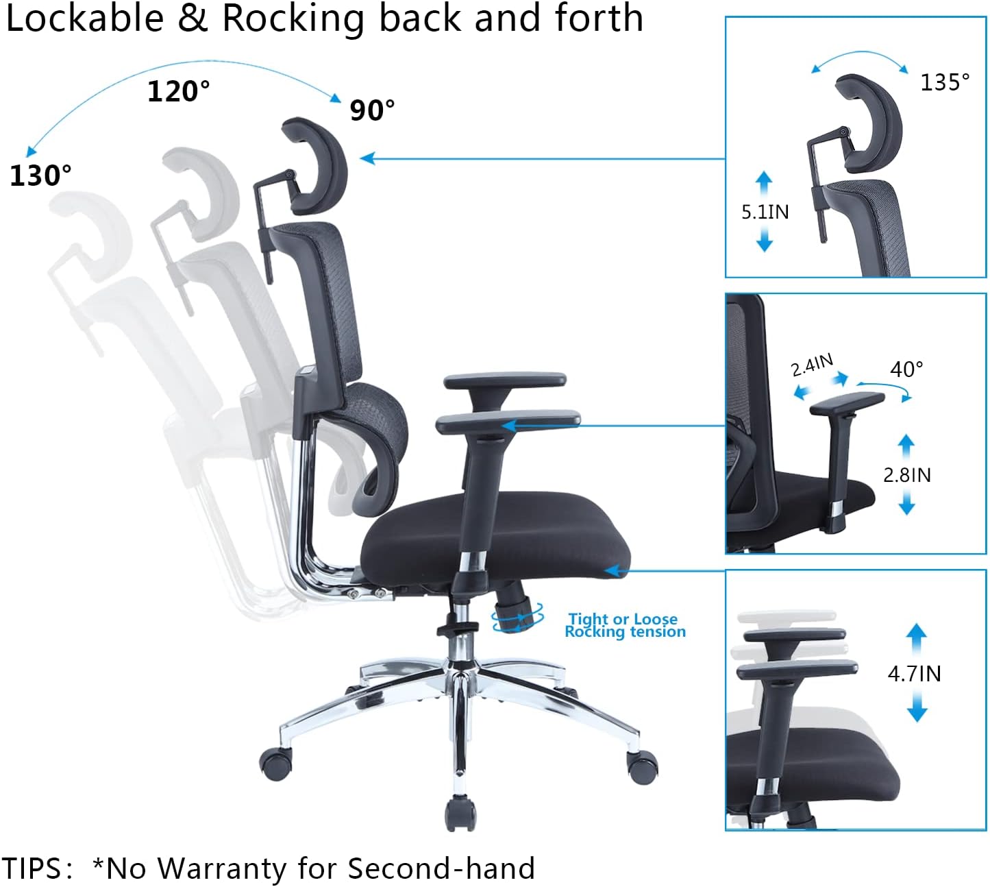 Ticova Ergonomic Office Chair - High Back Desk Chair with Elastic Lumbar Support & 3D Metal Armrest - 130&deg;Reclining & Rocking Mesh Computer Chair with Thick Seat Cushion & Rotatable Headrest