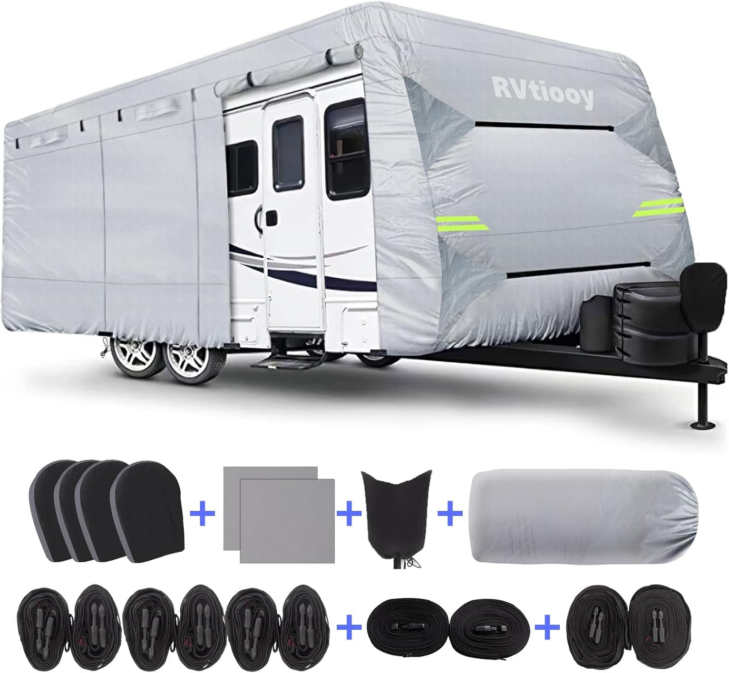 rv Cover-Travel Trailer Cover, Extra-Thick RV Cover, Upgraded Camper Cover, Breathable, Waterproof, Tear-Resistant, with 4 tire Covers and Tongue Jack Covers, 2 Windproof Belts (Silver, 34'1