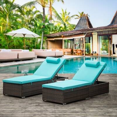 Outdoor PE Wicker Chaise Lounge - 2 Piece Patio Brown Rattan Reclining Chair Furniture Set Beach Pool Adjustable Backrest Reclin