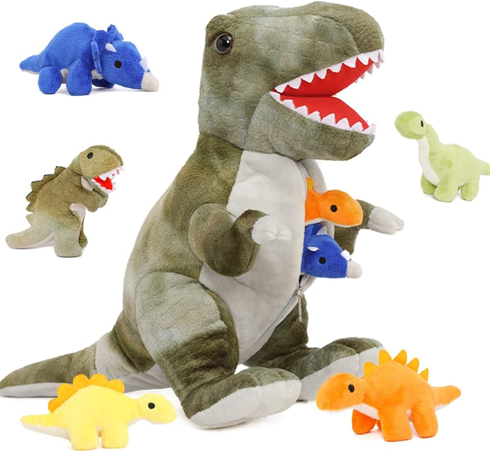 Muiteiur Dinosaur Stuffed Animal Soft Plush T-Rex Zippered Belly Inside with 5 Cute Baby Dinosaur Great Gift Set for Kids,19.6inch Pack of 2