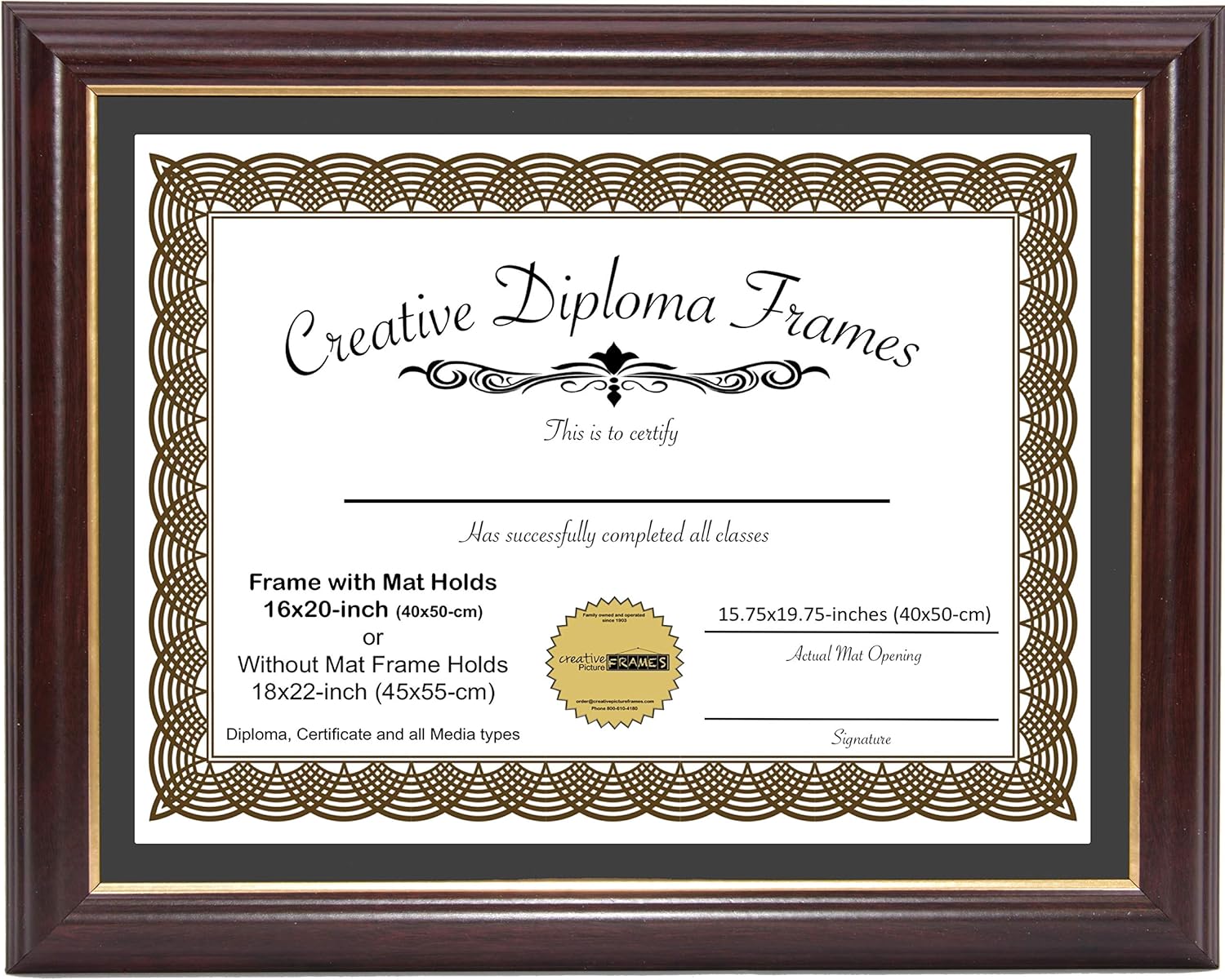 CreativePF [16x20-Diploma] Mahogany Frame with Gold Rim, Black Matting Holds 16x20-inch Documents with Scratch Resistant UV Acrylic and Installed Wall Hanger