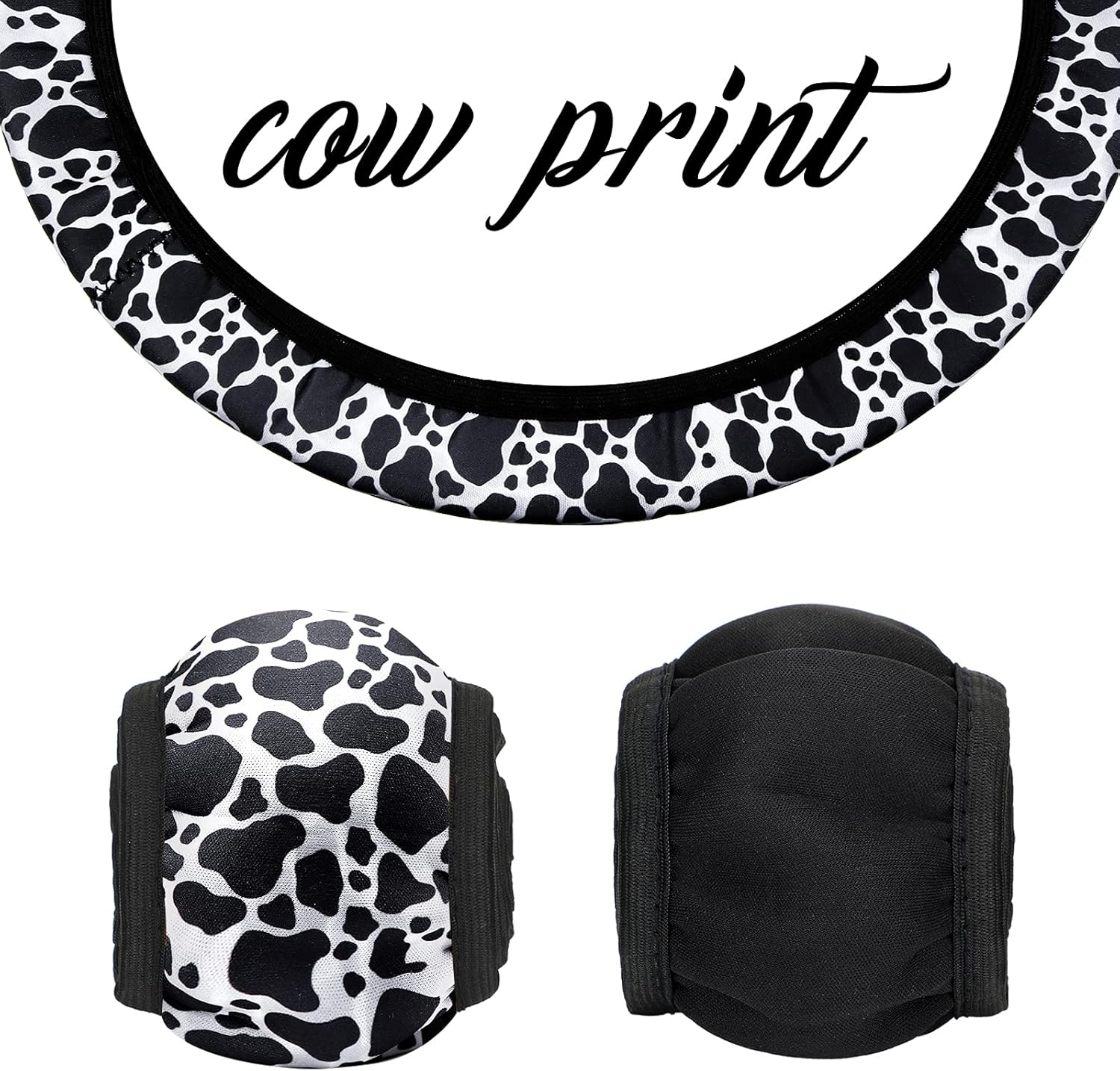 7 Pieces Cow Print Car Accessories Cow Steering Wheel Cover Cow License Plate Frame with Screws Cow Car Coasters Cow Keyring Bracelet Cow Non Slip Handbrake Cover Gear Shift Cover for Car Truck SUV