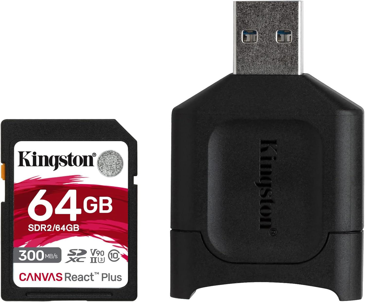 Kingston 64GB Canvas React Plus V90 UHS-II SDXC Card with UHS-II SD Card Reader (2-Pack) and Memory Case Bundle (3 Items)