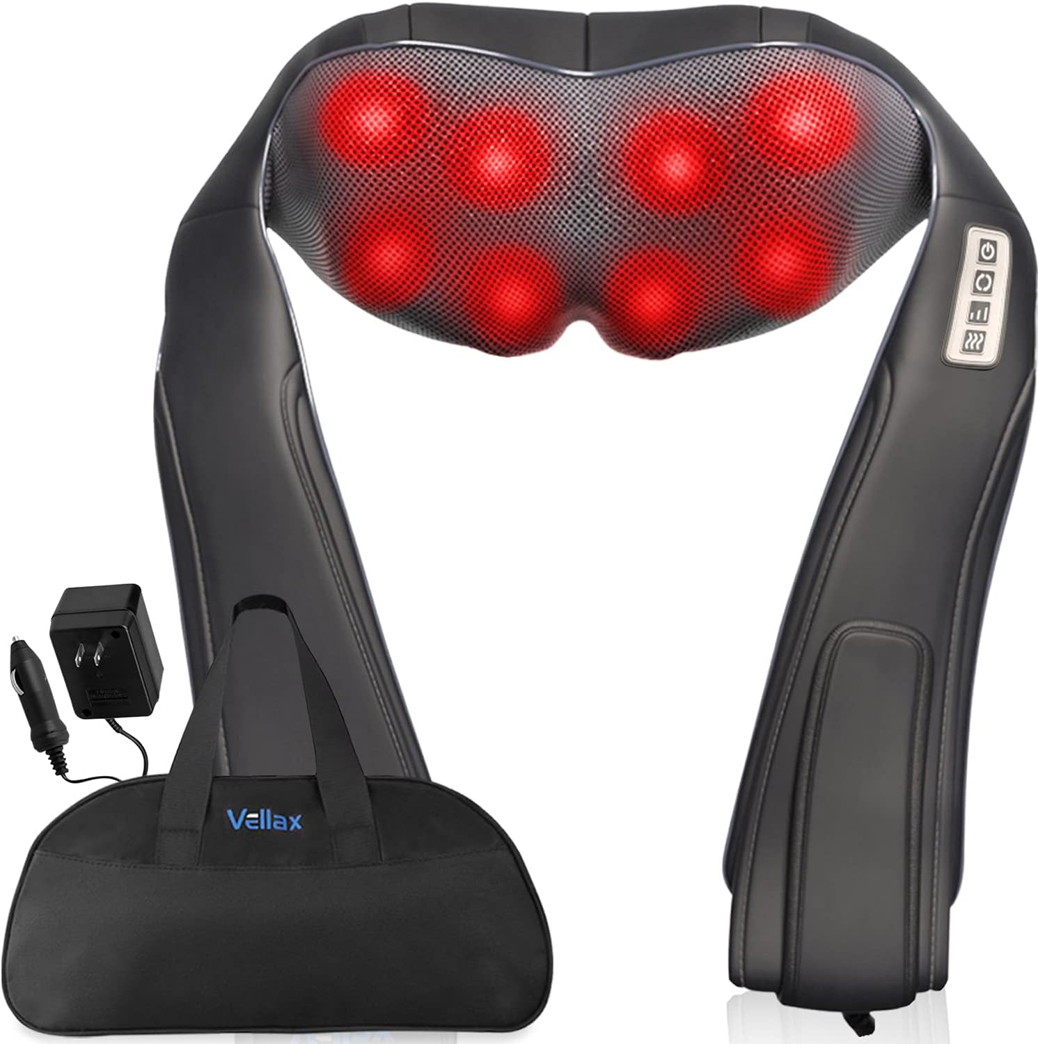 Vellax Massagers for Neck and Back with Heat - Corded Electric Shoulder, Foot, Lumbar Pain Relief- Shiatsu 3D Kneading Deep Tissue - for Car, Home, Office - 3 Speeds, Bi-Directional - Black