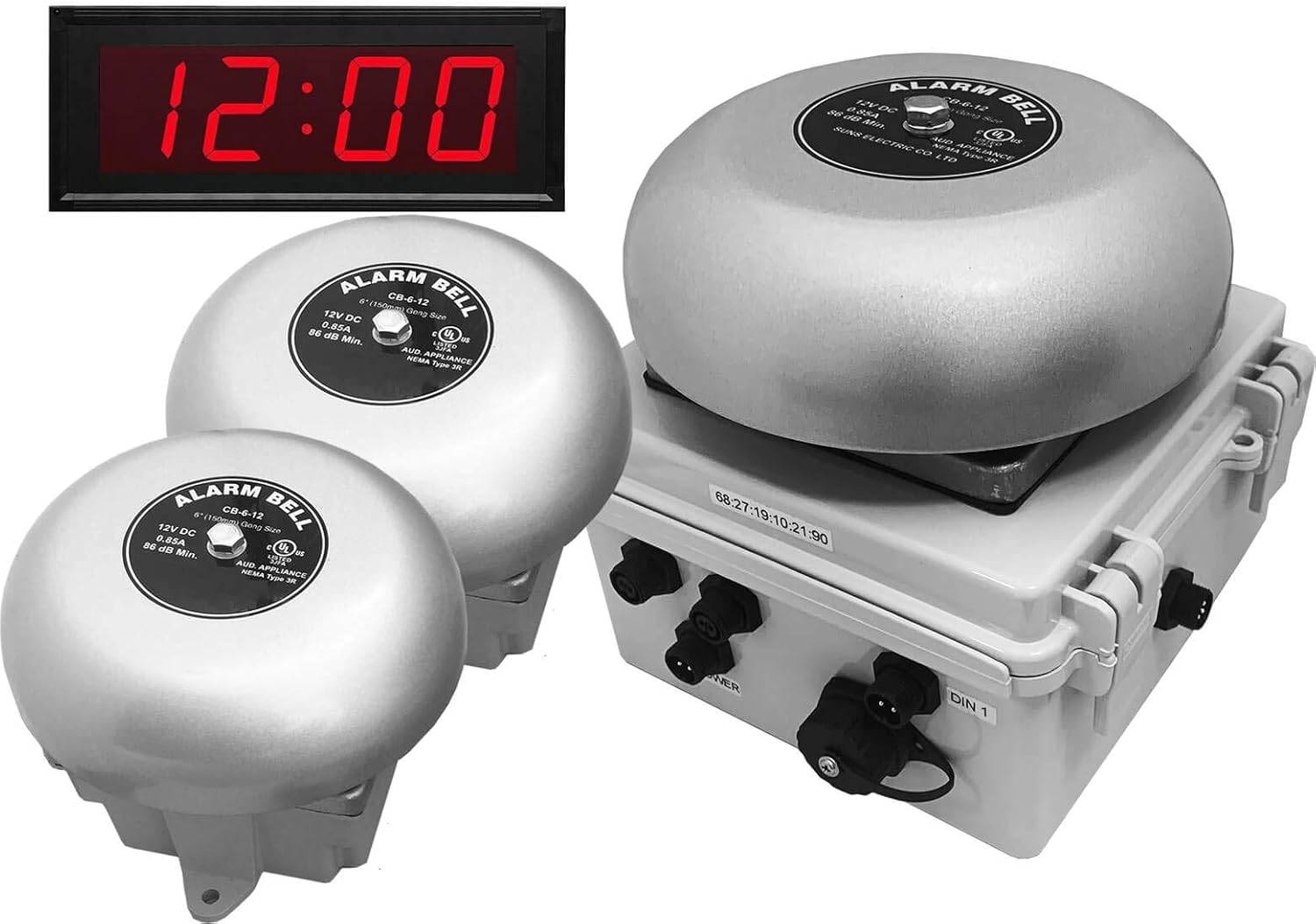 Linortek Netbell-K-E2M-C Break Bell Clock System for School Factory Warehouse TCP/IP Web-Based Programmable Bell Timer Controller Plug & Play 4 Inch Network LED Digital Clock (3 Bells w/ 1 Clock)