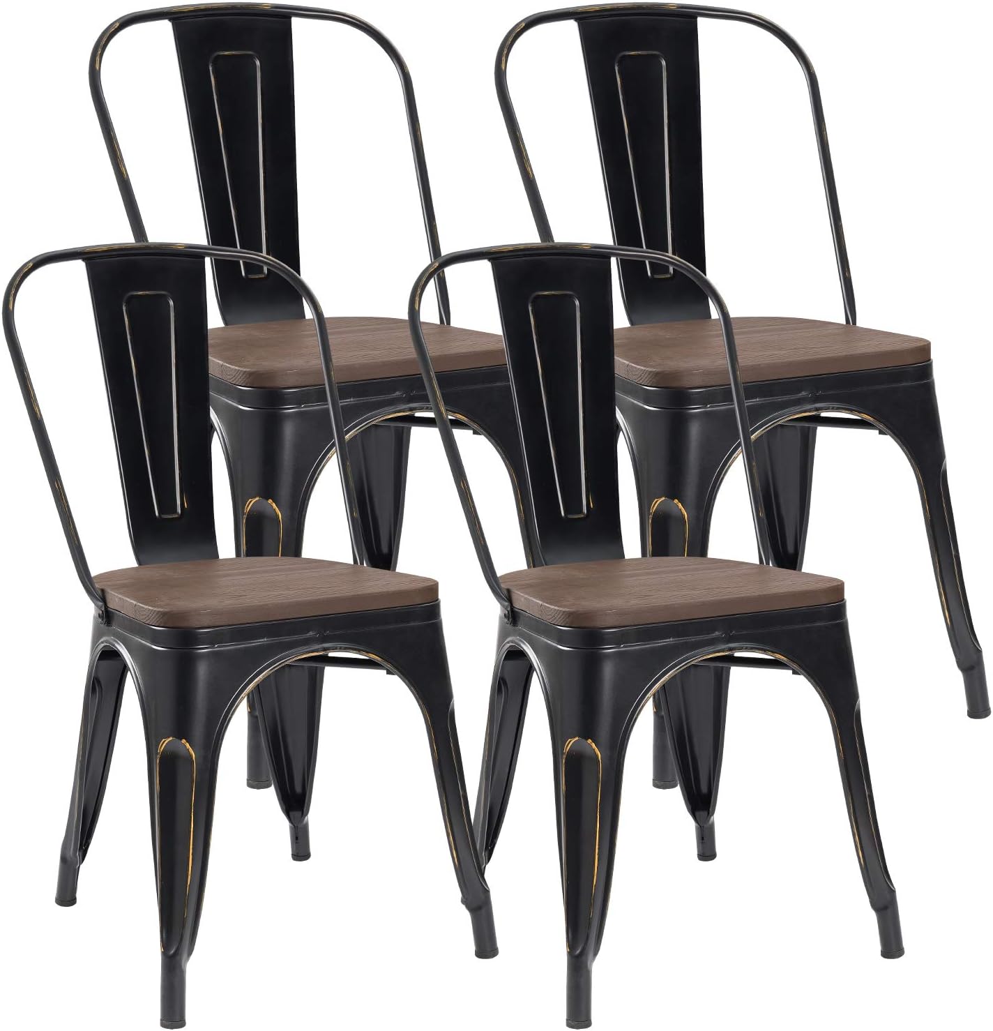 JUMMICO Metal Dining Chair Stackable Industrial Vintage Kitchen Chairs Indoor-Outdoor Bistro Cafe Side Chairs with Back and Wooden Seat Set of 4 (Black)