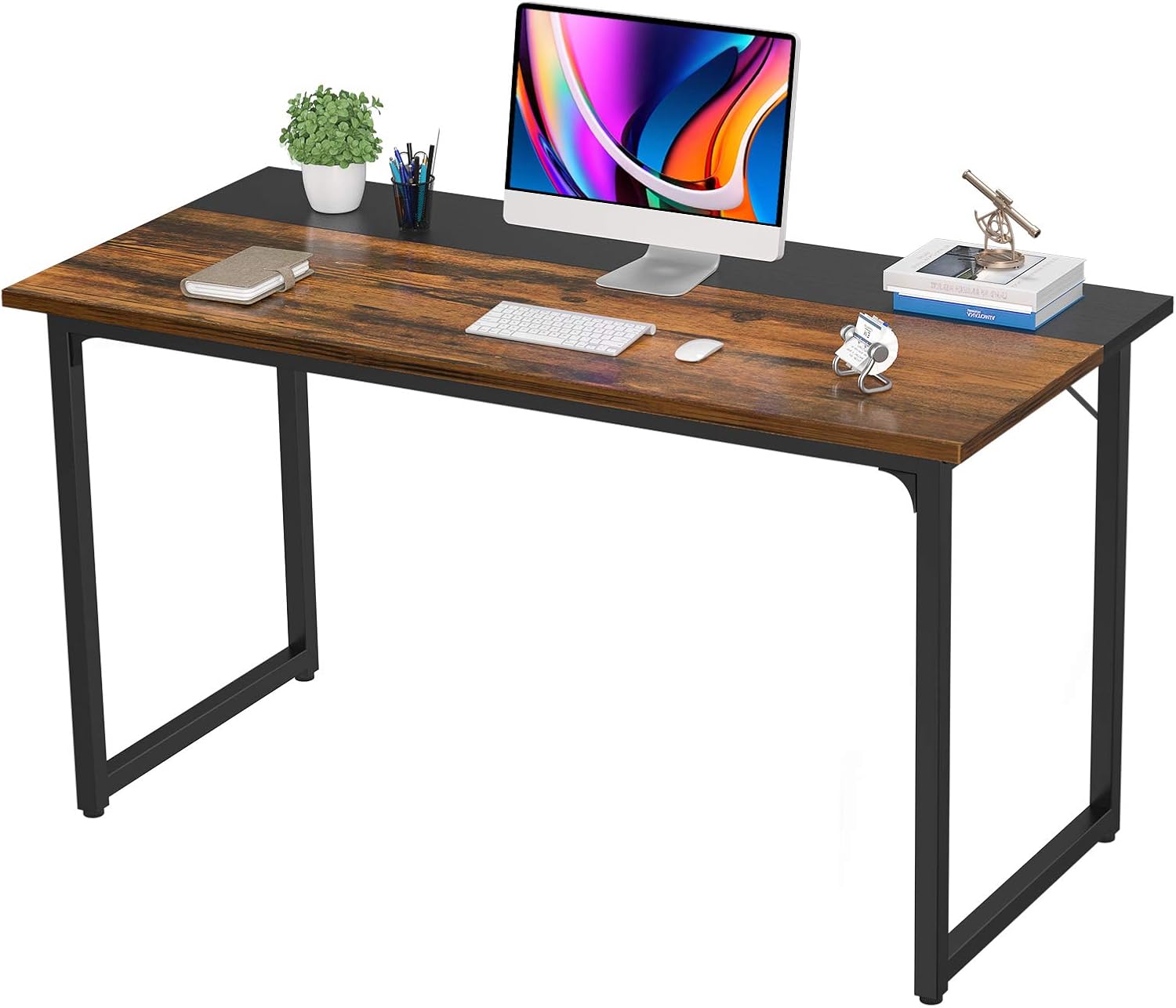 Desk Computer Desk 55 Inch Home Office Study Writing Desk Modern Simple Sturdy PC Laptop Desk Table Gaming Desks Wooden Desk Space Saving Easy to Assemble Desk, Rustic Brown and Black