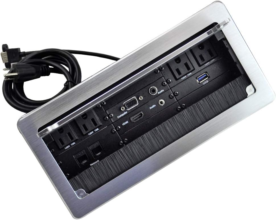 Table Power Brush Connectivity Box with 4 AC Power + 2 RJ45（CAT6） + 2 Audio 3.5mm + 1 VGA + 1 HDMI + 1 USB 3.0 (Female to Female) with 5.58ft Power Cord (Silver)