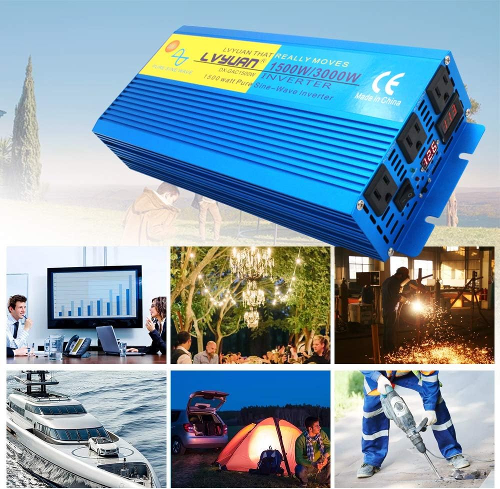 IpowerBingo Pure Sine Wave Power Inverter 1500W/3000W(Peak) 12V DC to 110 V AC with 3 AC Outlets 2 Battery Cables with LCD Display Car Boat Inverter