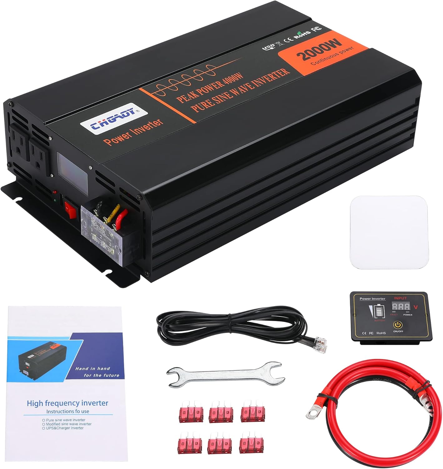 Power Inverter, 2000W Pure Sine Wave Inverter DC 12V to AC 120V Car Inverter with LCD Digital Display Remote Control USB Port Power Converter for Travel/Camping