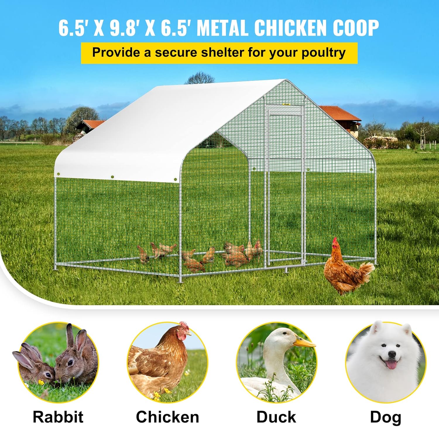 VEVOR Large Metal Chicken Coop with Run, Walk-in Chicken Run for Yard with Waterproof Cover, Spire Outdoor Poultry Cage Hen House, 6.5x9.8x6.5ft Large Space for Chicken, Duck Coops and Rabbit Runs