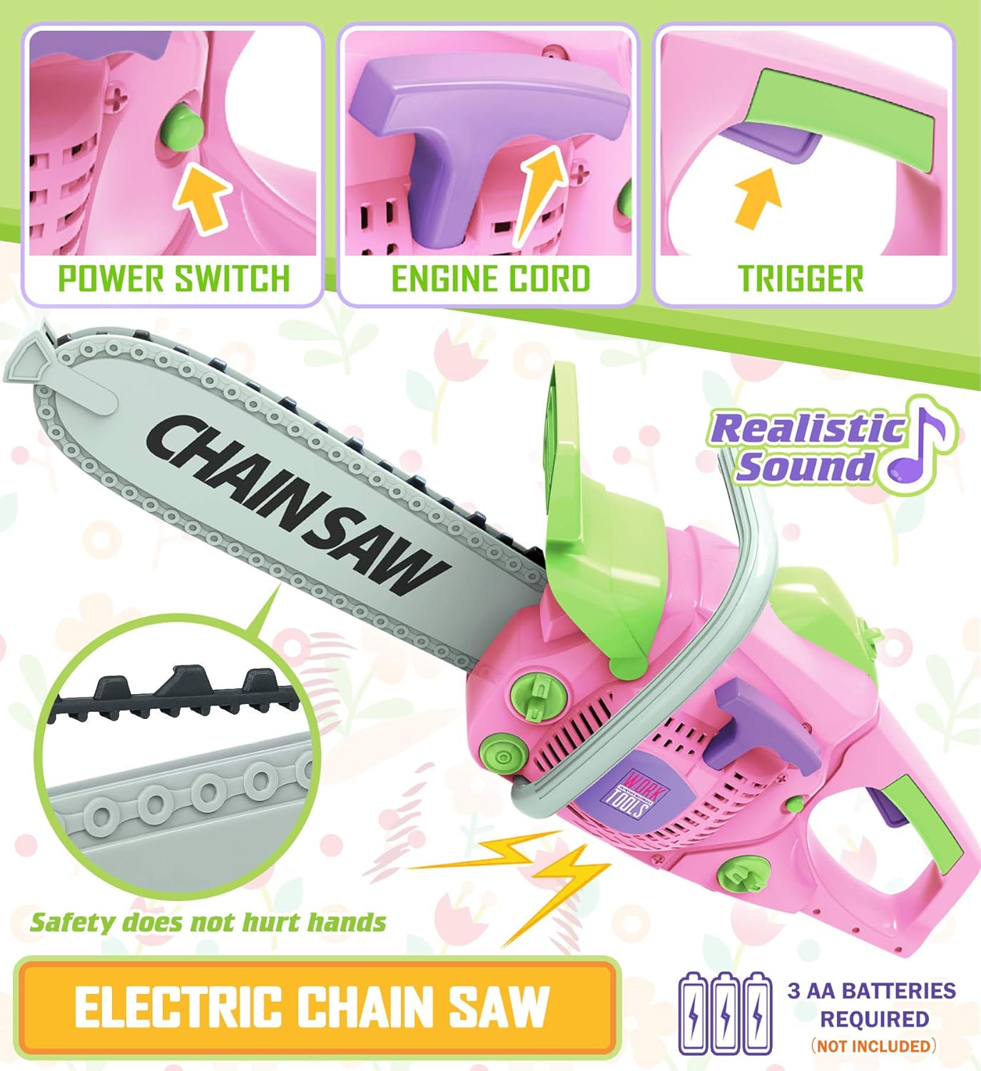 Kids Tool Set with Electric Toy Drill Chainsaw Jigsaw Toy Tools for Girl, Realistic Kids Power Construction Pretend Play Tools Set Toddler Toys Playset Kit for Toddler Boy Girl Kid Child Tool Toy Pink Pack of 2