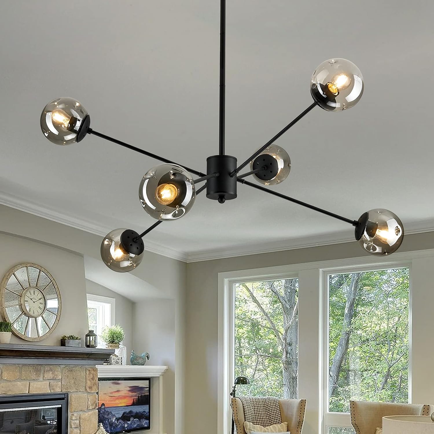 FGSADI 6-Light Sputnik Chandeliers with&nbsp;Glass&nbsp;Globe,Modern Metal Chandelier,Black Matte Ceiling Light Fixture for Kitchen Farmhouse Living Room Bedroom Dining Room.