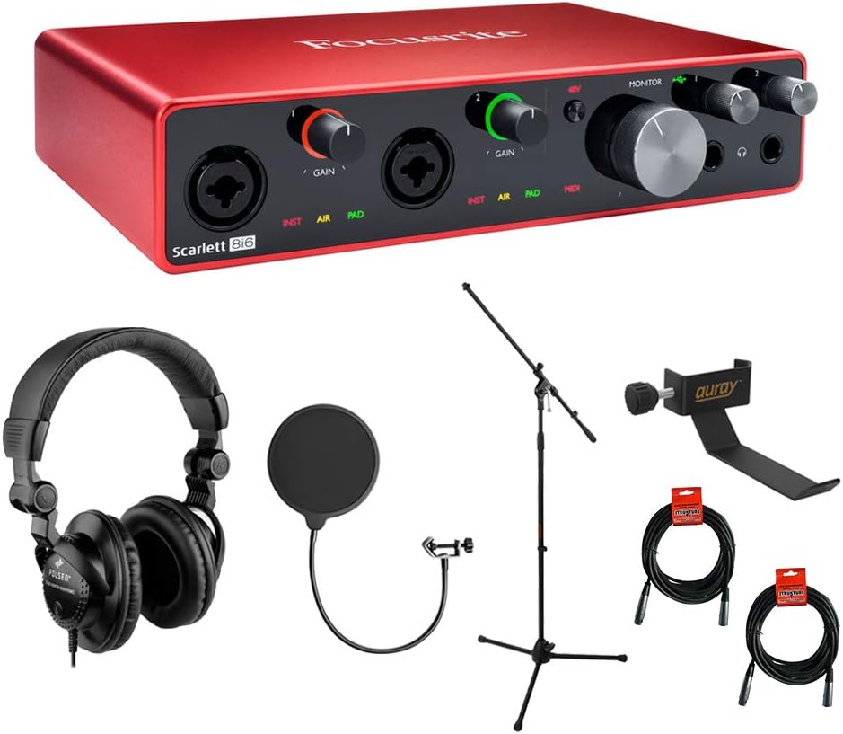 Focusrite Scarlett 8i6 USB Audio Interface (3rd Gen) with HPC-A30 Studio Headphones, Mic Stand, Headphone Holder, Pop Filter & XLR Cable Bundle