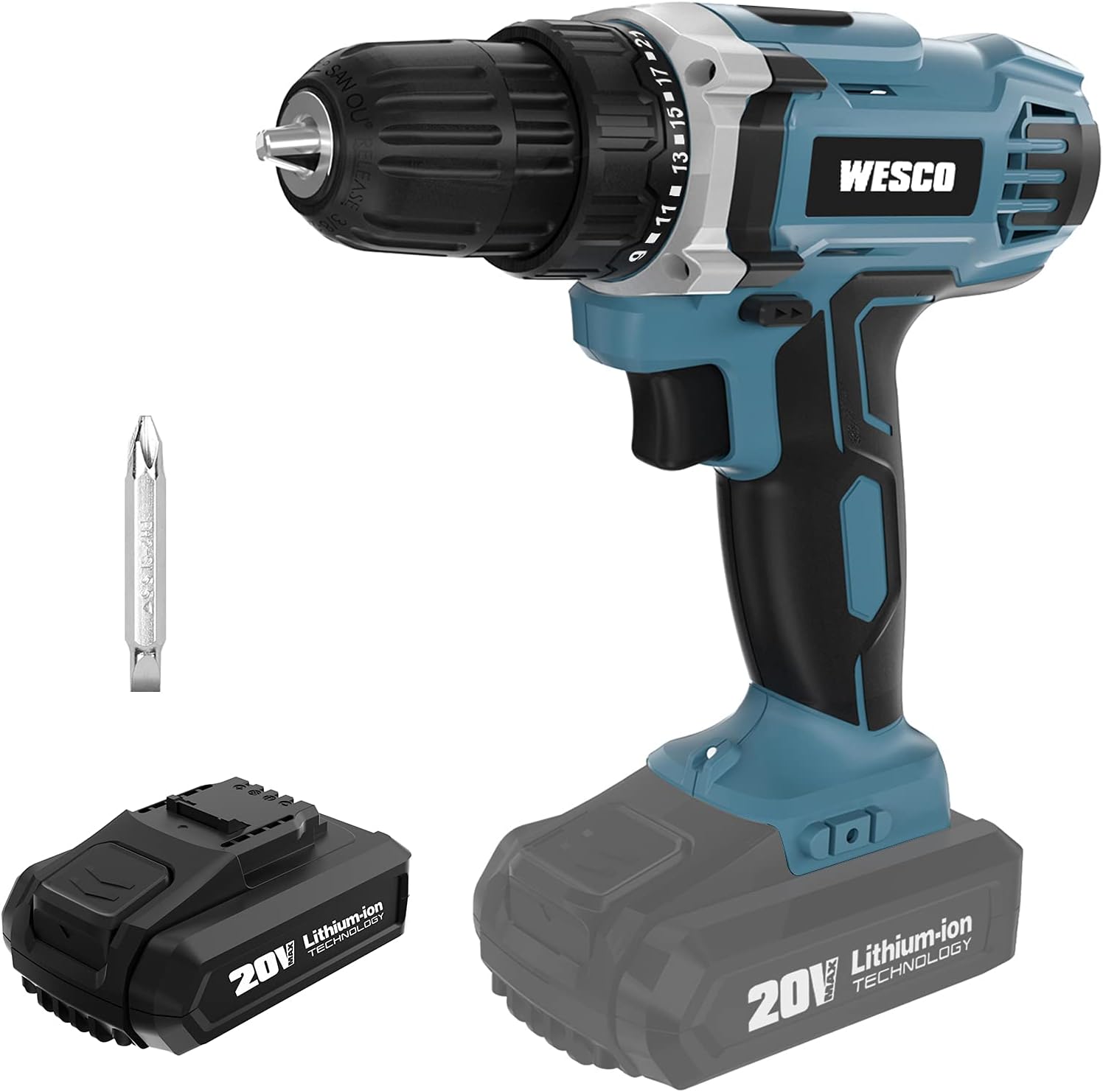 WESCO 20V POWER Cordless Drill Driver, Electric Impact Drill, 1 x Li-ion Battery, 21+1 Torque Setting, 3/8 inch Keyless Chuck, Variable Speed and LED light, Belt Clip