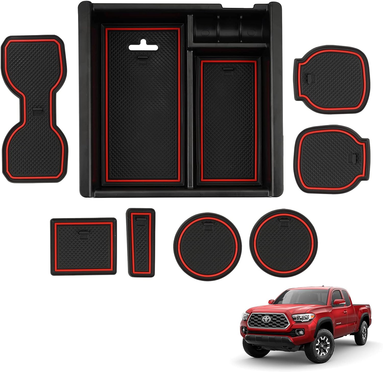 CreekT 2022 Upgrade for Toyota Tacoma 2016-2021 2022 Accessories, Center Console Organizer Tray with 7 sets Premium Custom Liner Mats for Cup Holders, Cup Holder Liner Mats & Armrest Box Insert Tray