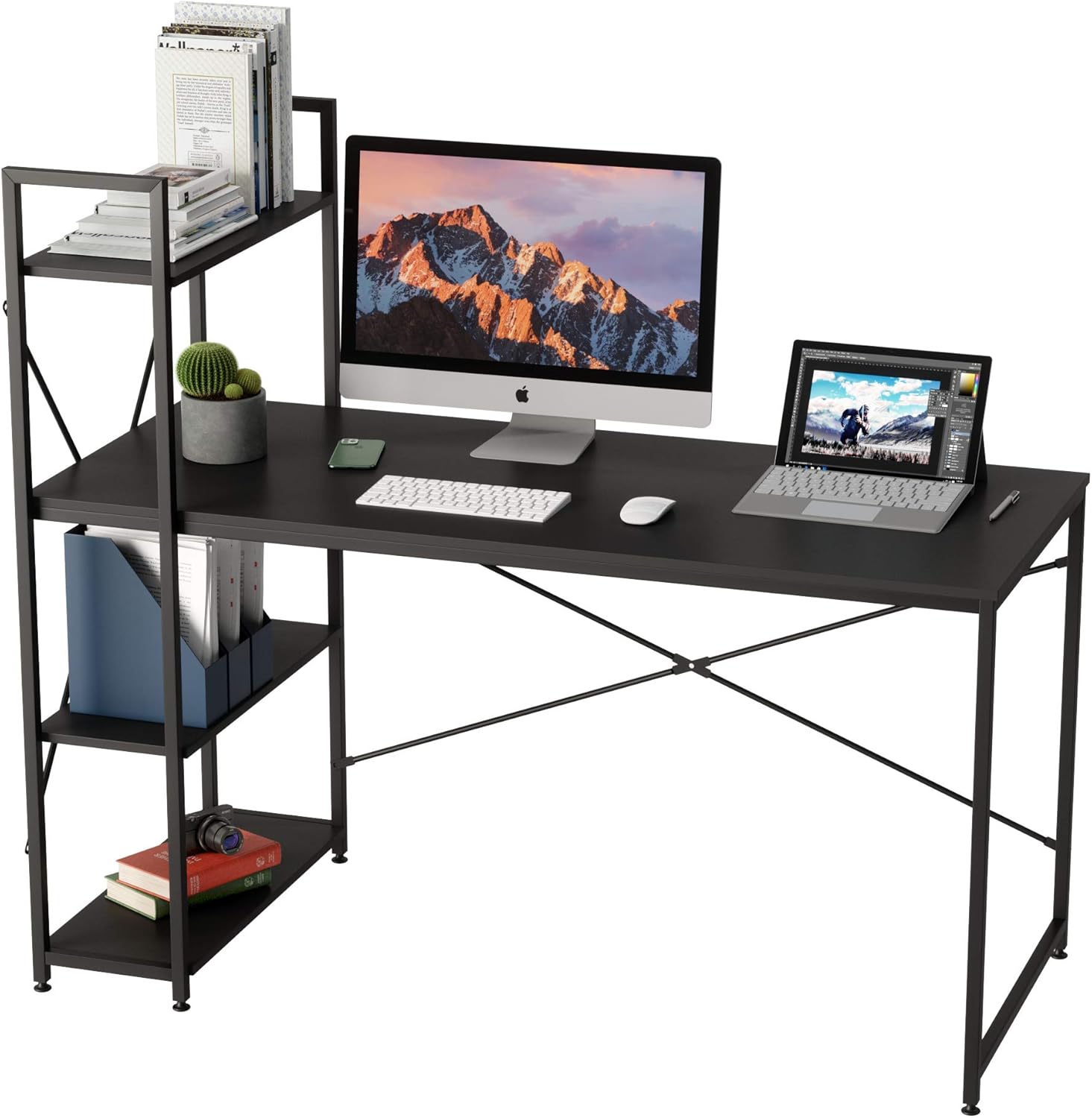 Bestier Computer Desk 47 Inch with Storage Shelves Writing Desk with Bookshelf Reversible Home Office Corner Table for Small Space Bedroom, Gray Oak