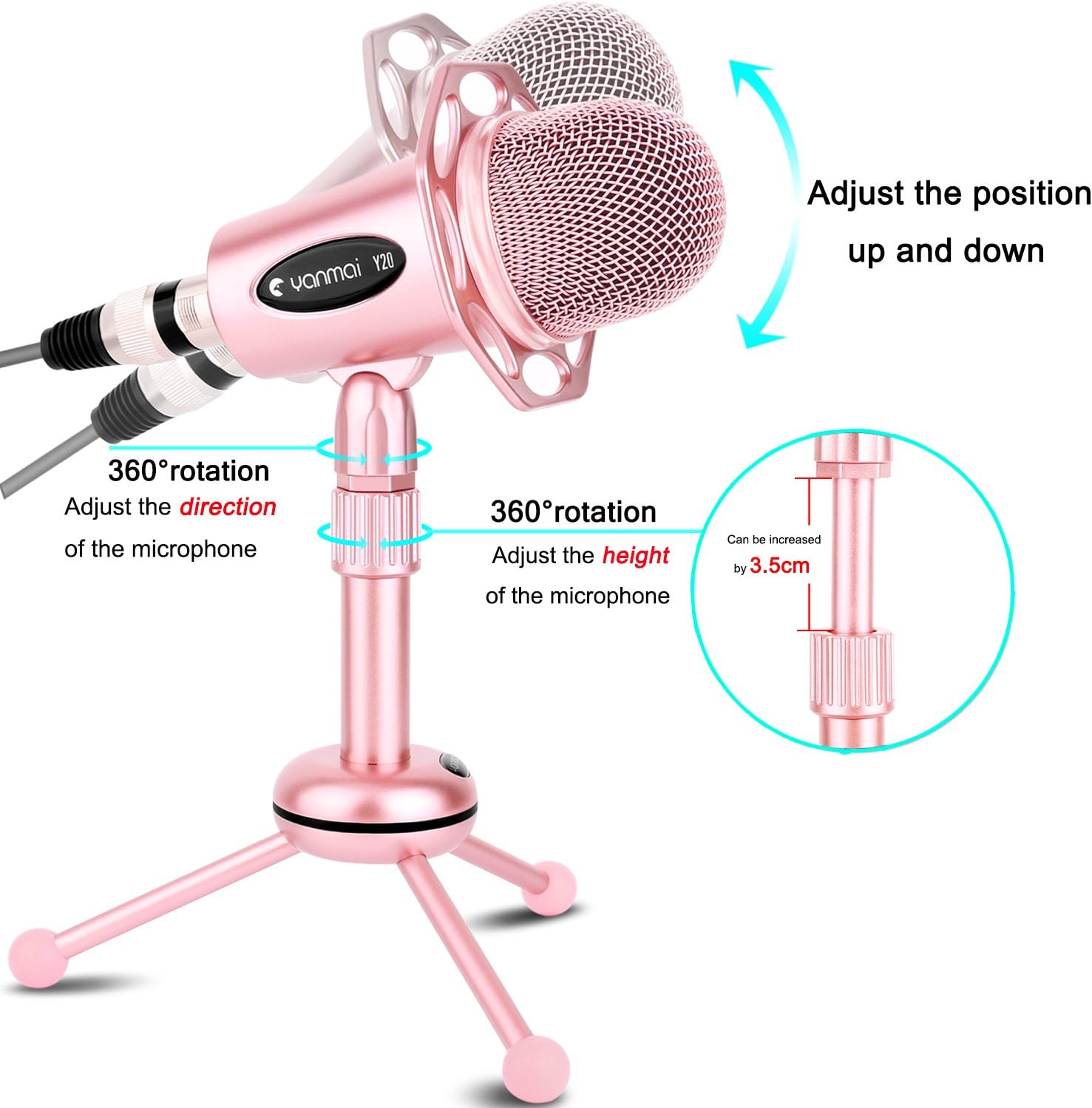 Venoro Podcast Microphone Plug & Play Professional Condenser Microphone with Tripod for PC, Computer, Phone for Games, Podcast, Broadcasting (Rose Gold) Pack of 2