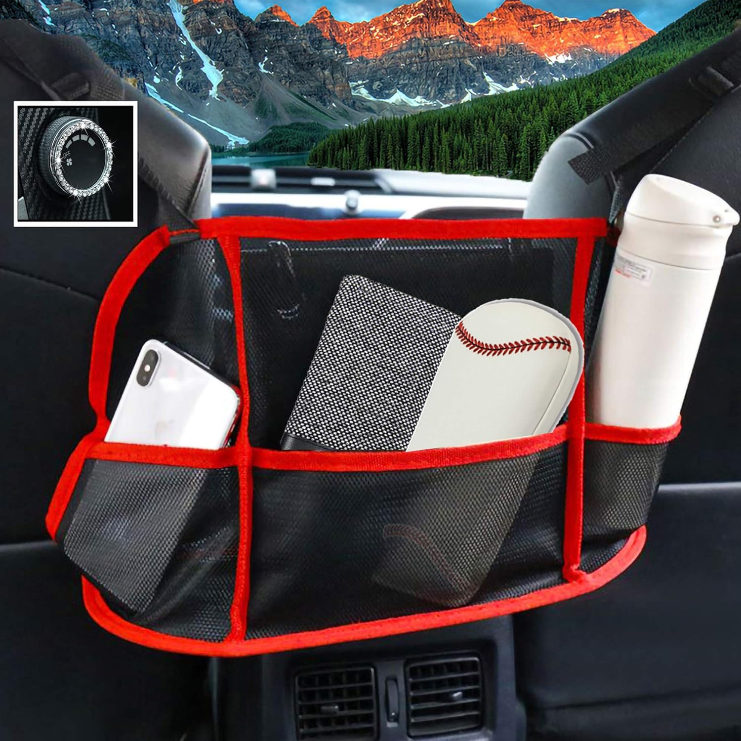 MZ Purse Holder For Car With Bling Car Decor Ring Sticker,Backseat Net Multi Pocket for Smaller Items and Car Accessories,Between Seat Purse Storage and Mesh Organizers Pouch,Barrier from Kids and Dogs