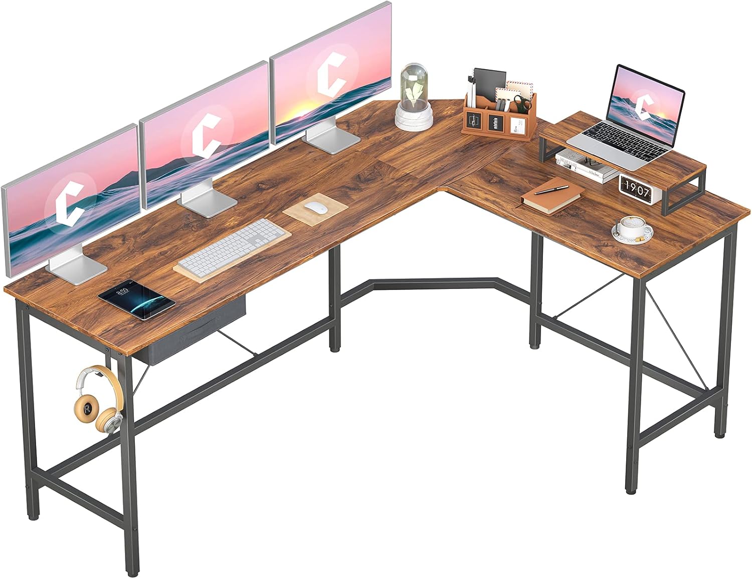 CubiCubi L-Shaped Desk Computer Corner Desk, Home Office Gaming Table, Sturdy Writing Workstation with Small Table, Space-Saving, Easy to Assemble, Rustic Brown