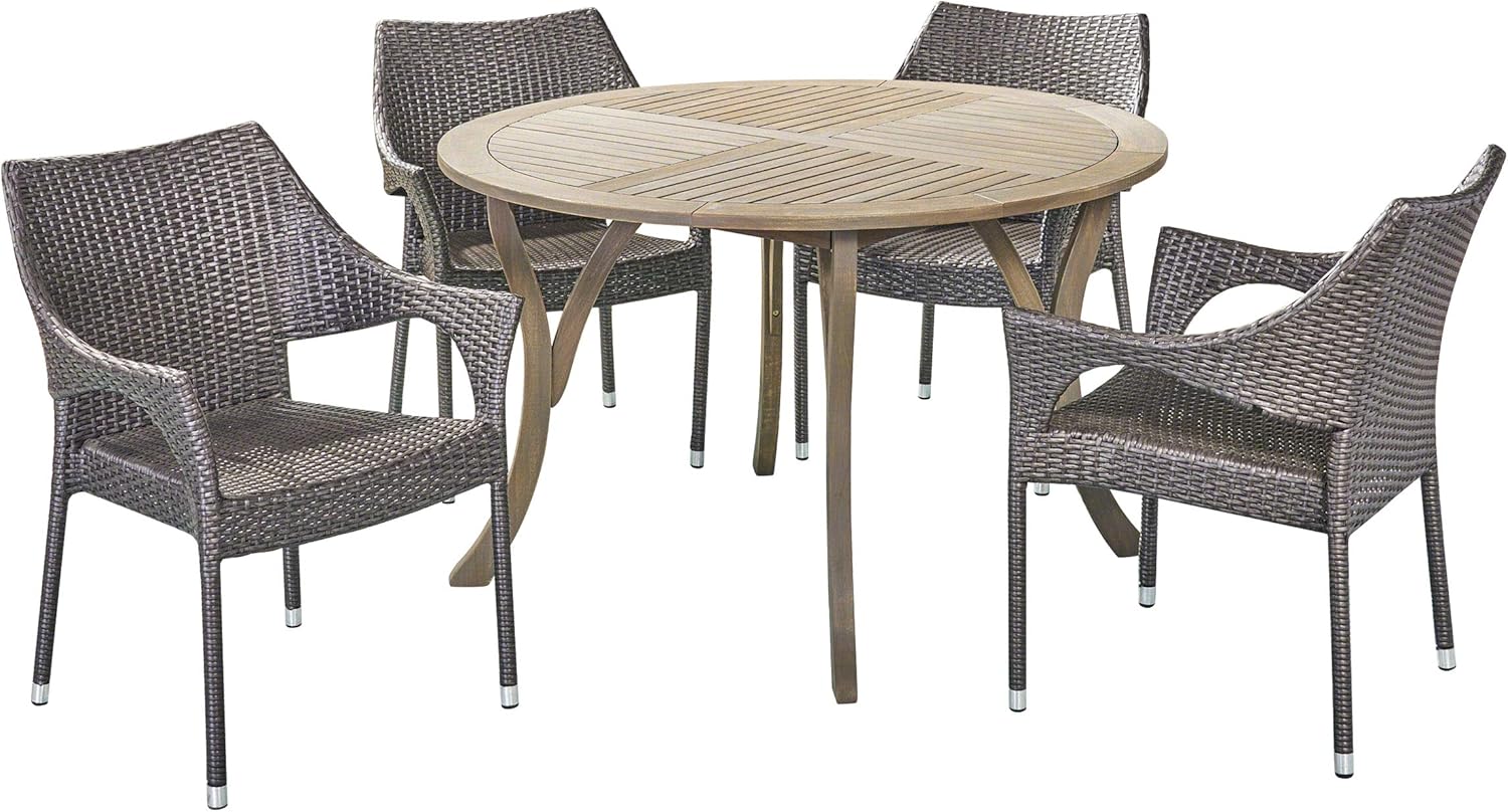 Great Deal Furniture Baish Outdoor 5 Piece Acacia Wood and Wicker Dining Set, Teak with Multi Brown Chairs