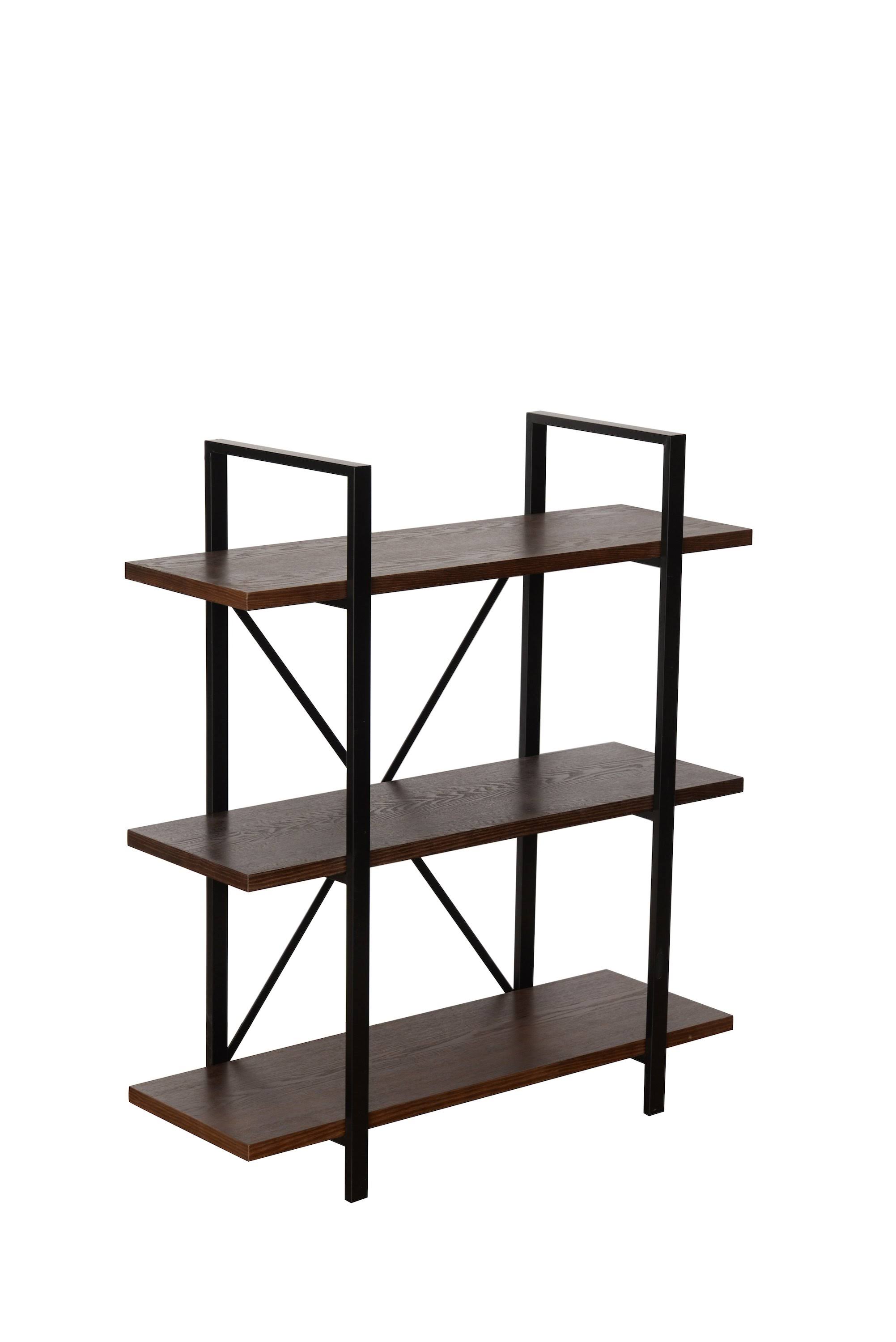 Benjara Bm218709 3 Tier Wood and Metal Frame Bookcase with x Shape Design, Brown and Black