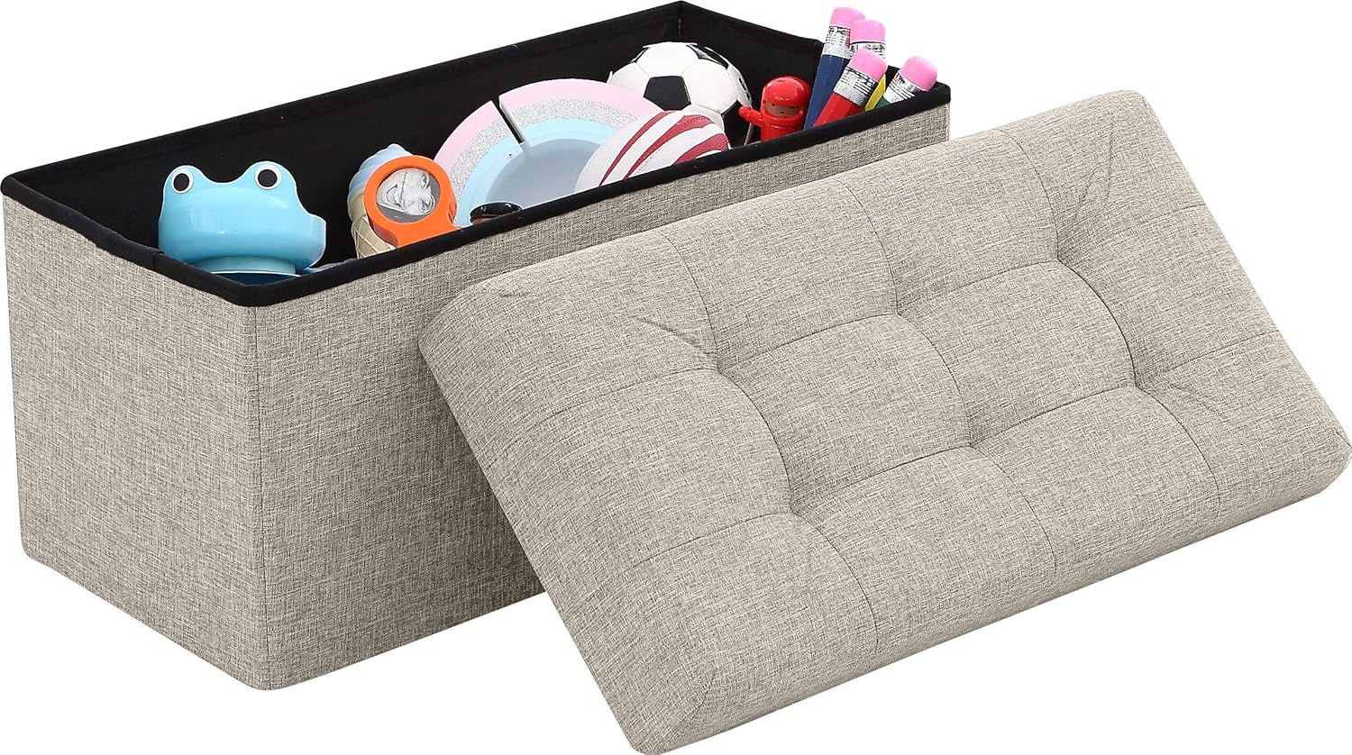 Ornavo Home Foldable Tufted Linen Large Storage Ottoman Bench Foot Rest Stool/Seat - 15