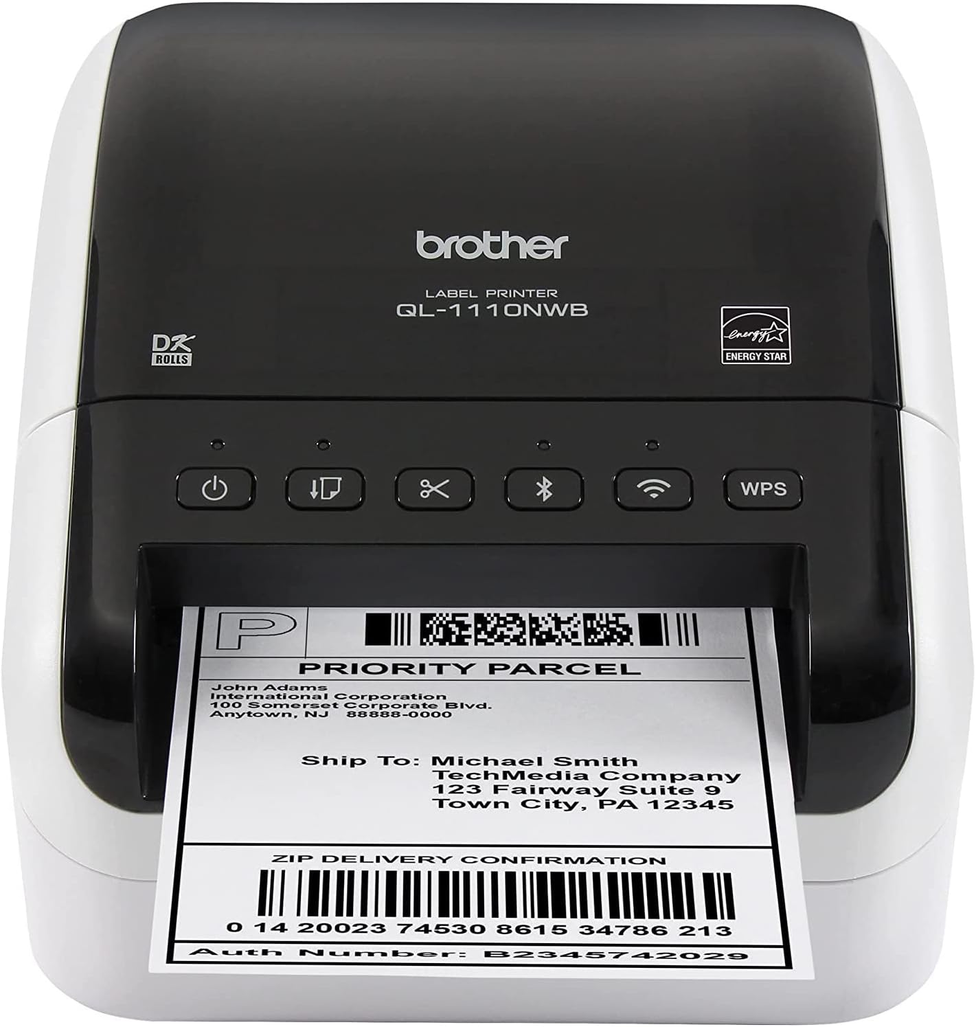 Brother QL-1110NWB Wide Format Postage and Barcode Professional Thermal Wireless Monochrome Label Printer, Black - Print via USB, Ethernet, and Bluetooth, 4