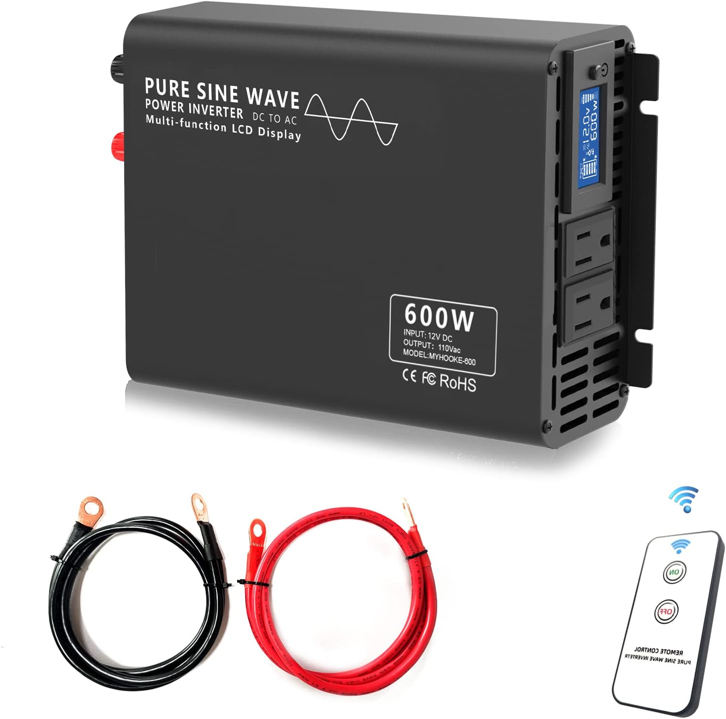 Pure Sine Wave Power Inverter, 600W Power Inverter DC 12V to AC 110V-130V Car Converter for RV Truck Boat Solar System with LCD Display and Wireless Remote Control