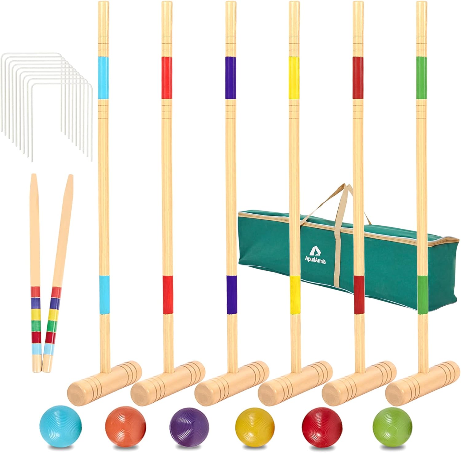 ApudArmis 32In Six Player Croquet Set with Deluxe Premiun Pine Wooden Mallets,Colored Ball,Wickets,Stakes - Lawn Backyard Game Set for Adults/Teens/Family (Large Carry Bag Including)