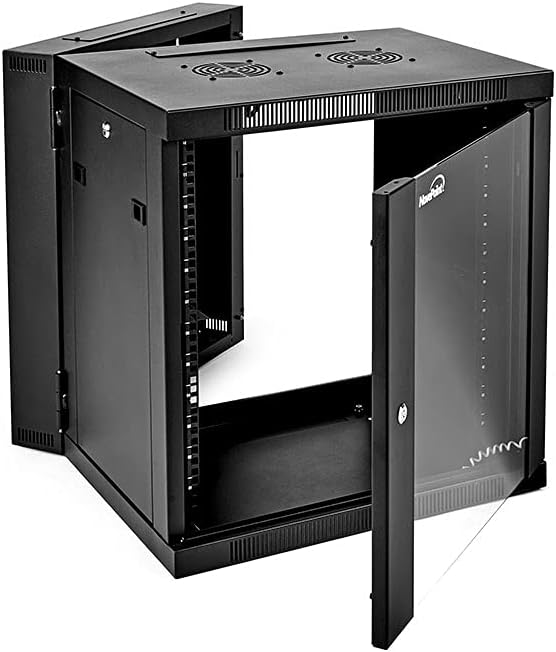 NavePoint 12U Wall-Mount Network Cabinet Enclosure, 550mm Depth, Hinged Back, Swing Gate Server Cabinet, Locks, Pre-Assembled, Reversible Glass Front Door, 2 x L Brackets, 2 Fans, Cable Management
