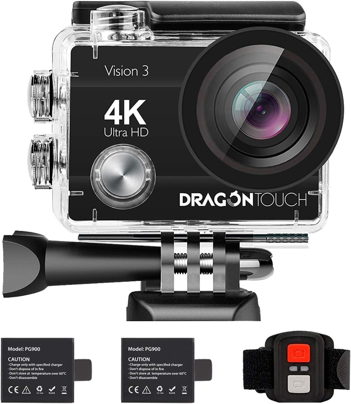 Dragon Touch 4K Action Camera 16MP Vision 3 Underwater Waterproof Camera 170° Wide Angle WiFi Sports Cam with Remote 2 Batteries and Mounting Accessories Kit Pack of 2