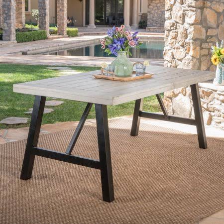 Vincenzo Outdoor Acacia Wood Dining Table, Light Grey Wash, Black