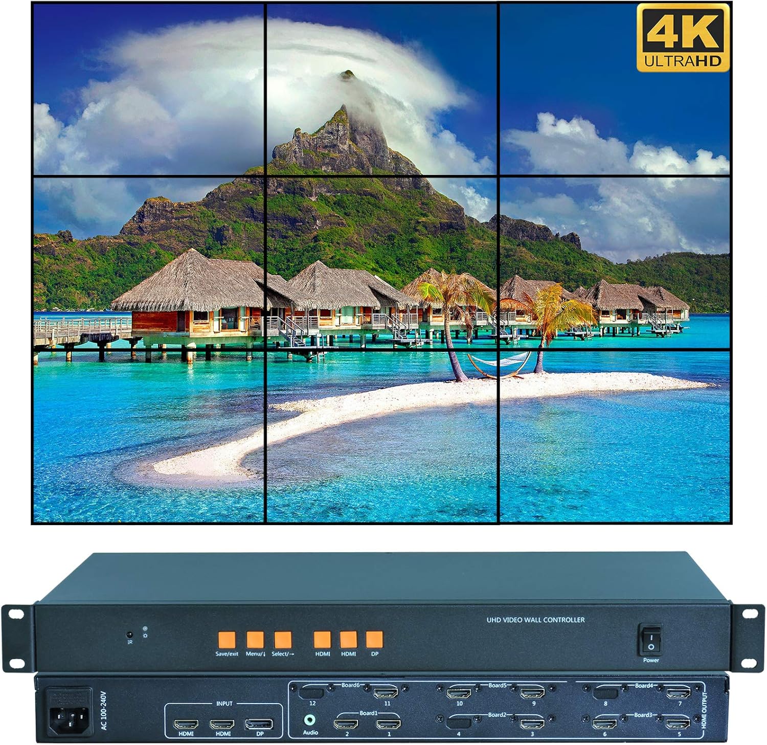 DEFACE Video Wall Controller 4K 3840x2160@60Hz HDMI 2.0, HDMI 1.4, DP1.2 Inputs with 9 HDMI Outputs for TV Splicing, Support 3x3,3x2,2x3,5x1,6x1,1x6 Display
