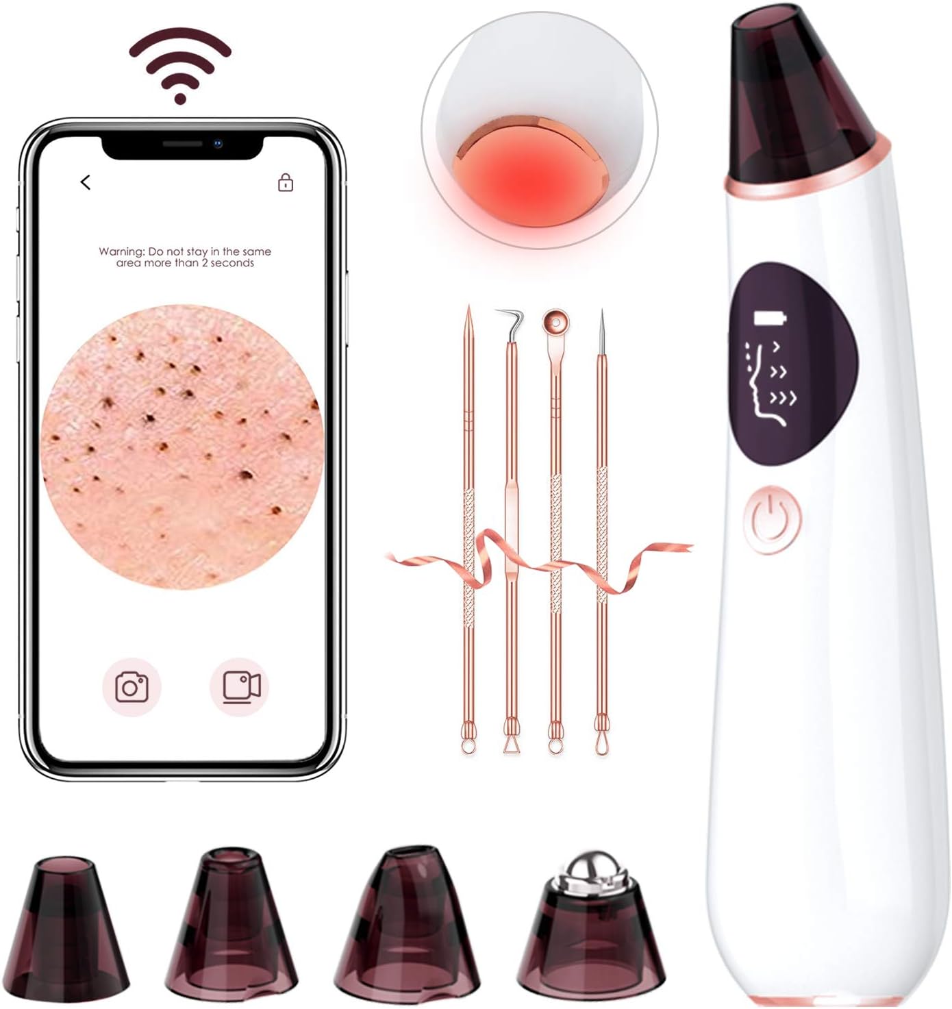 Blackhead Remover, Pore Vacuum with Camera,Acne Extractor - Blackhead Cleaner with 4 Probes and 3 Adjustable Strength Power,USB Rechargeable for All Skin Pack of 2