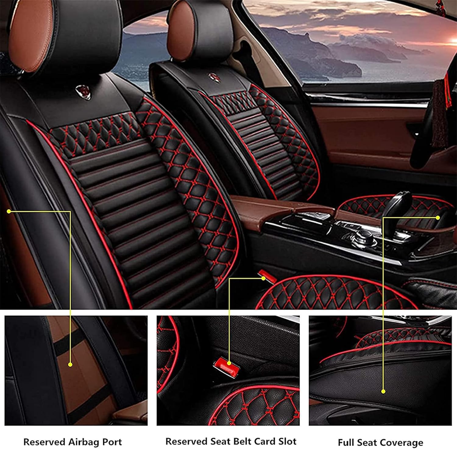 Car Seat Covers Front&Rear 5-Seats Protection,for Crown All Weather Wear-Resistant Full Set Black Red with Pillow