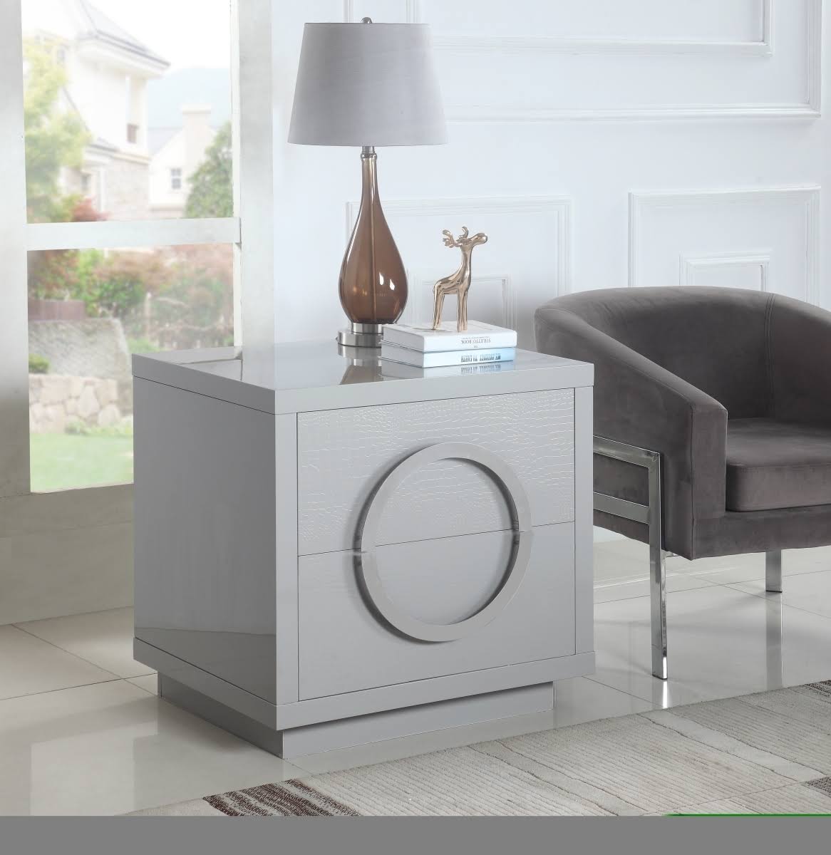 Chic Home Norcia Nightstand Side Table Crocodile Lacquer Finish with 2 Self Closing Drawers, Modern Contemporary (Grey)